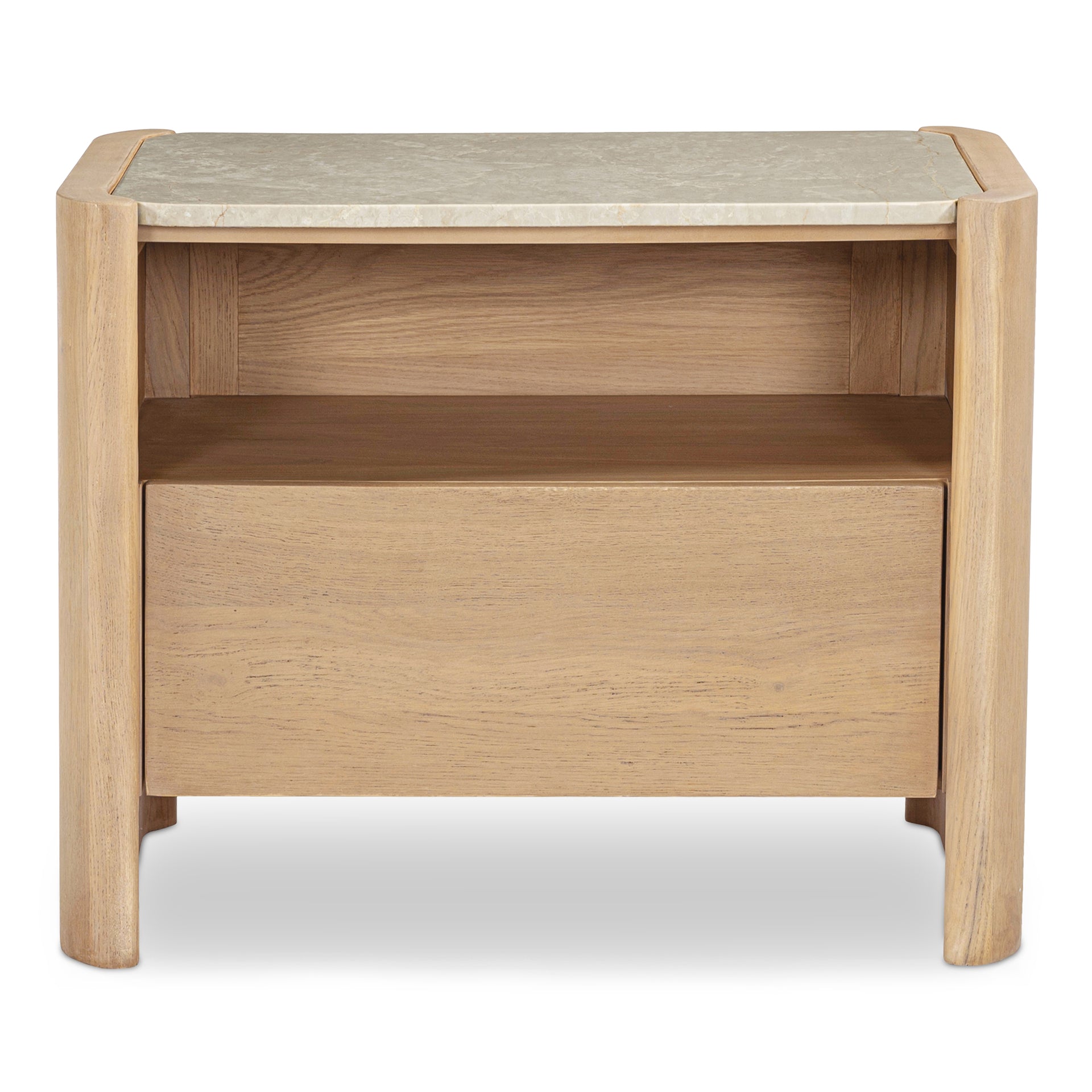 Galatea Nightstand, Inset Botticino Marble Top, Oak Frame with Drawer Storage, Natural Finish