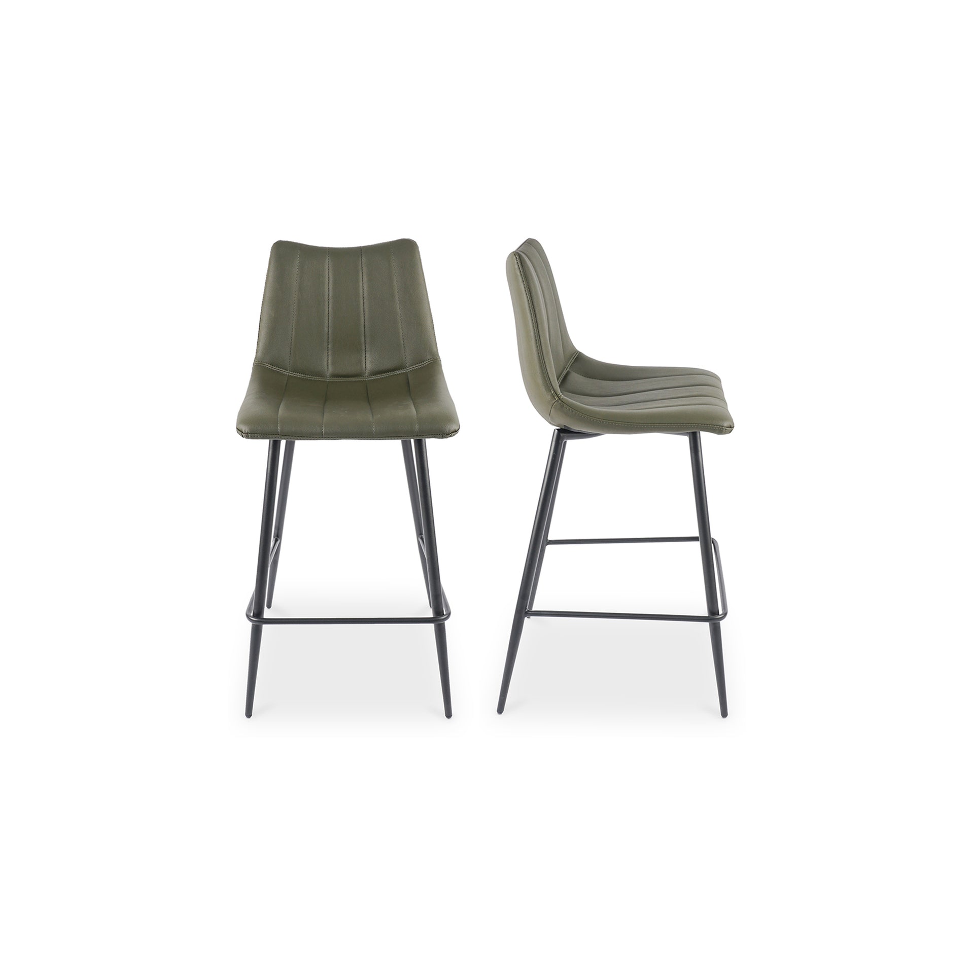 Florian Counter Stool, Vegan Leather Upholstery, High-Density Foam Seat, Black Steel Legs, Dark Green - Set of 2