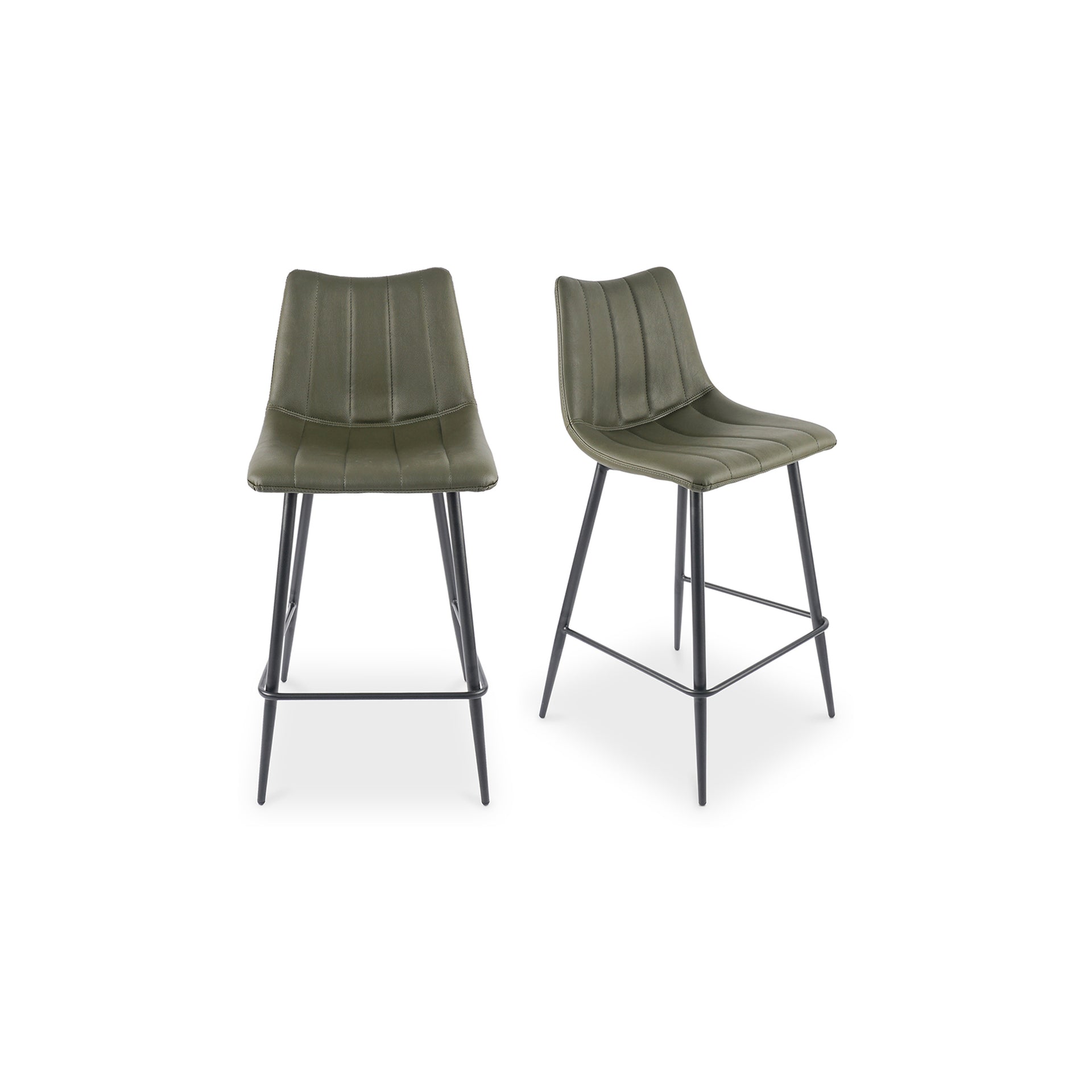 Florian Counter Stool, Vegan Leather Upholstery, High-Density Foam Seat, Black Steel Legs, Dark Green - Set of 2