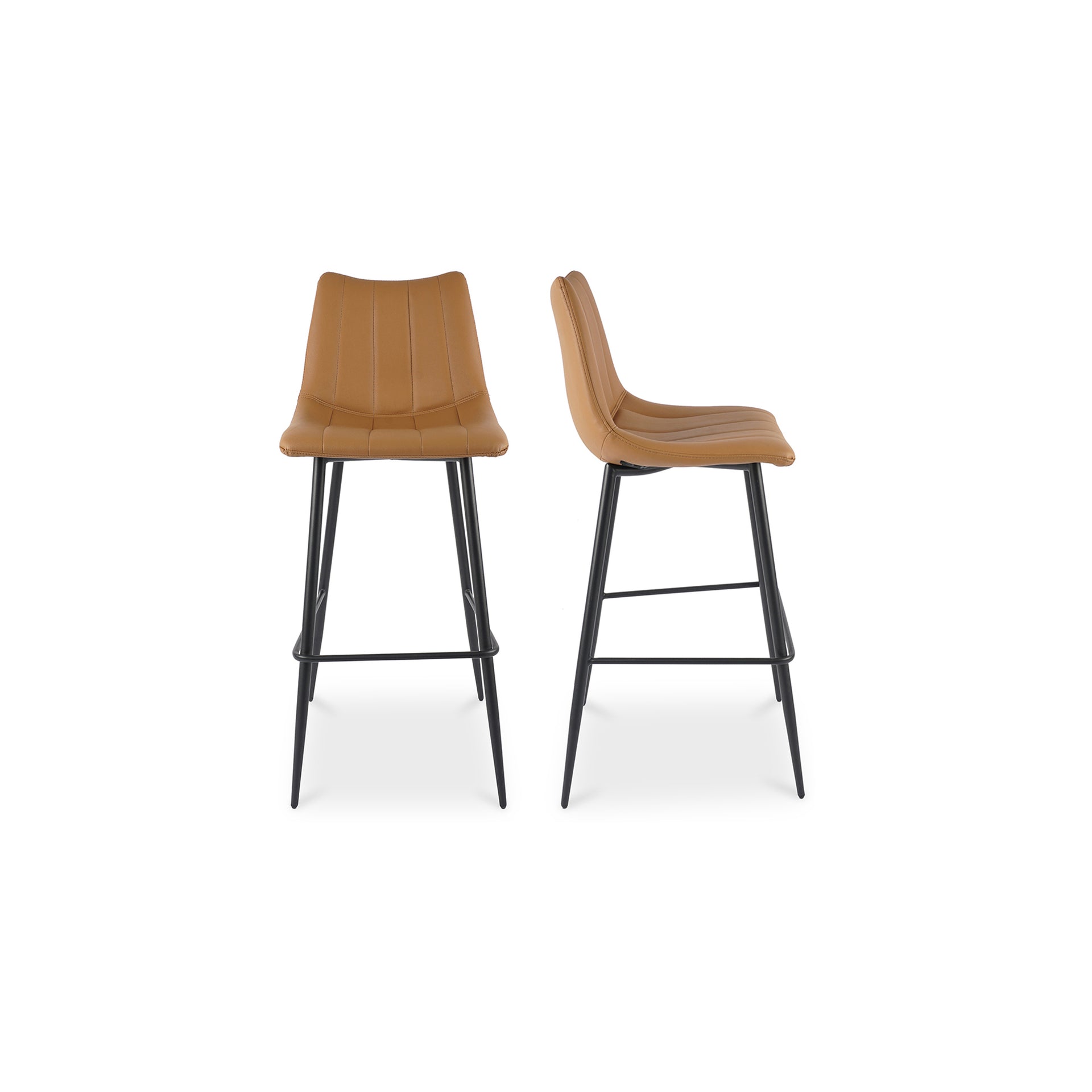 Florian Bar Stool, Vegan Leather Upholstery, High-Density Foam Cushion, Black Steel Legs, Tan - Set of 2