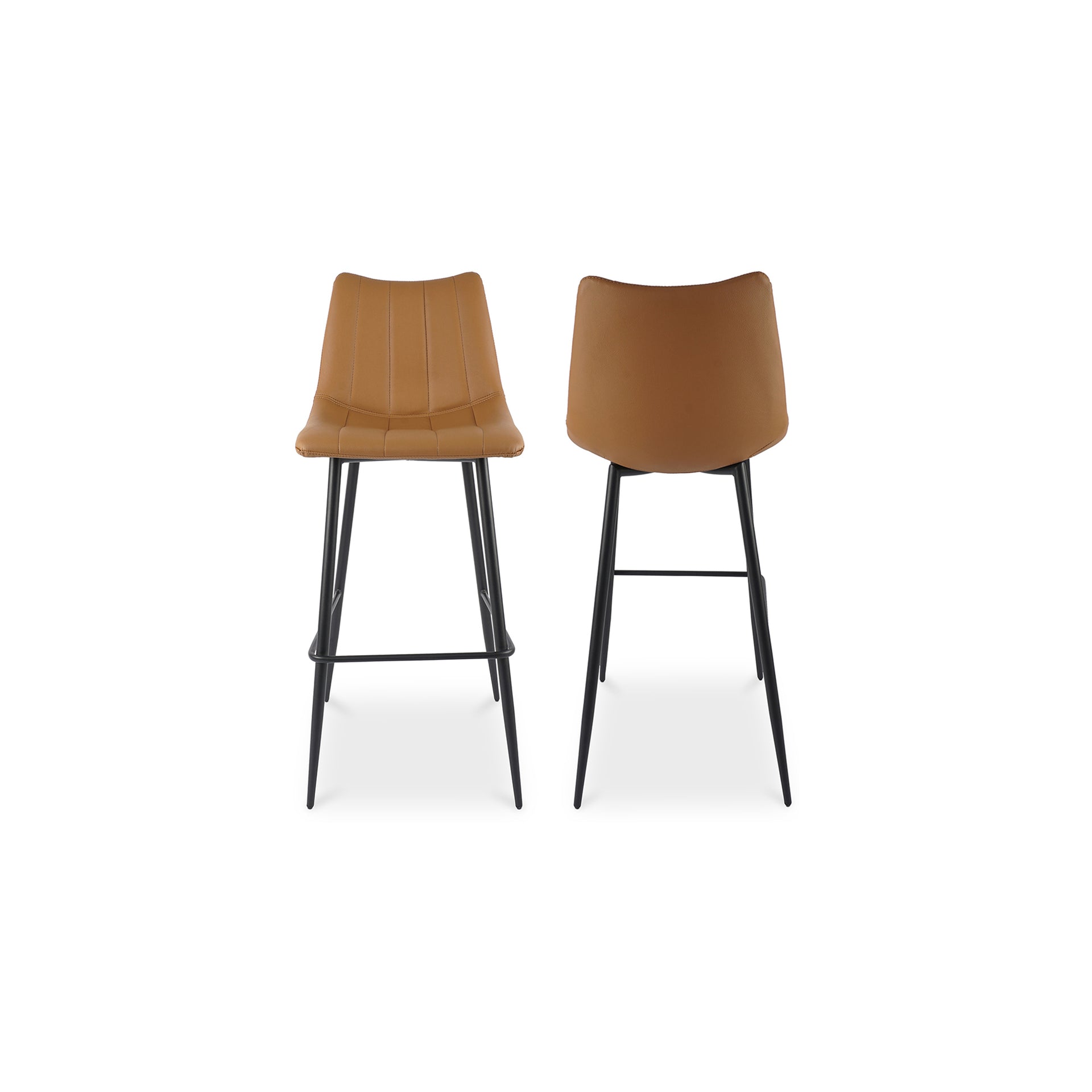 Florian Bar Stool, Vegan Leather Upholstery, High-Density Foam Cushion, Black Steel Legs, Tan - Set of 2