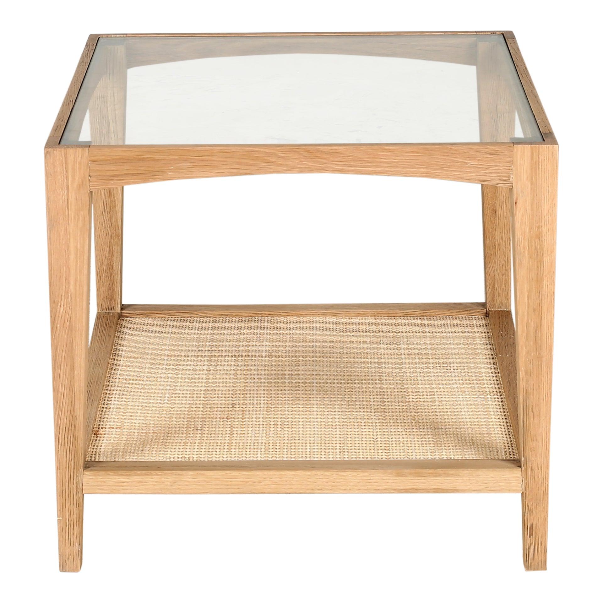 Caspian Side Table, Square Solid Oak Frame with Tempered Glass Top and Natural Cane Shelf, Natural Finish