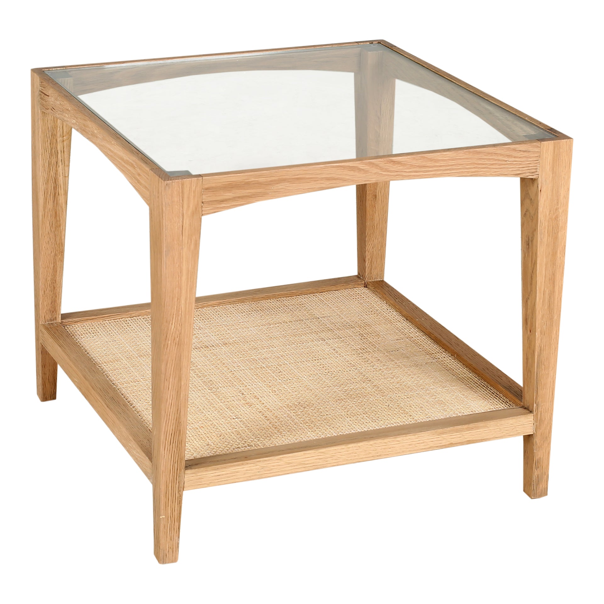 Caspian Side Table, Square Solid Oak Frame with Tempered Glass Top and Natural Cane Shelf, Natural Finish