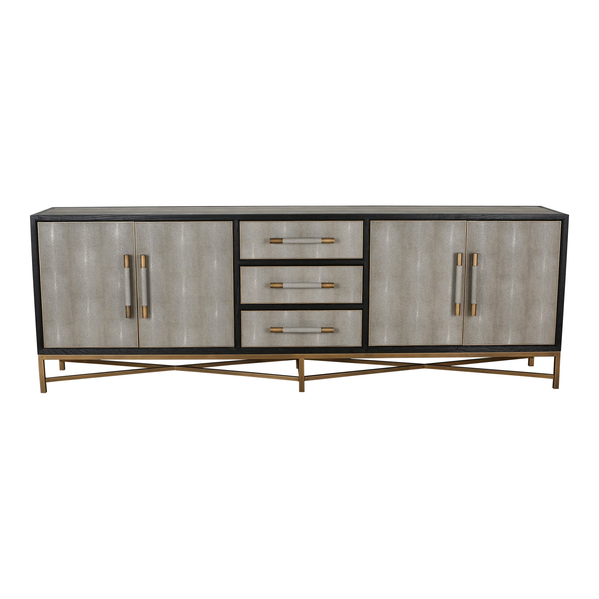 Vaughn Sideboard with Drawers, Shagreen Patterned Vegan Leather, Antique-Gold Finished Legs, Grey