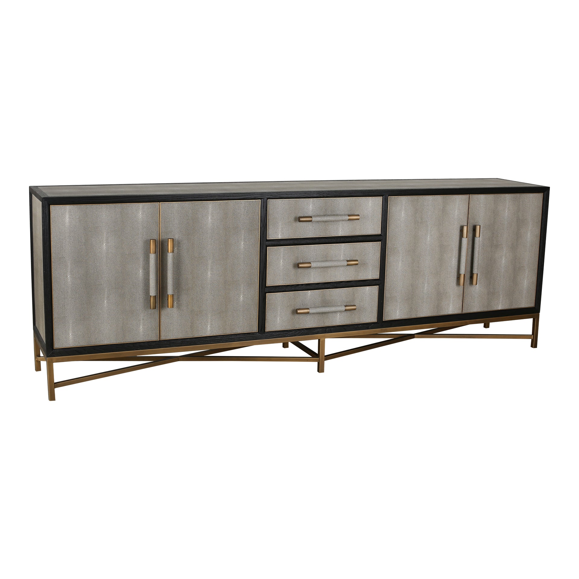 Vaughn Sideboard with Drawers, Shagreen Patterned Vegan Leather, Antique-Gold Finished Legs, Grey