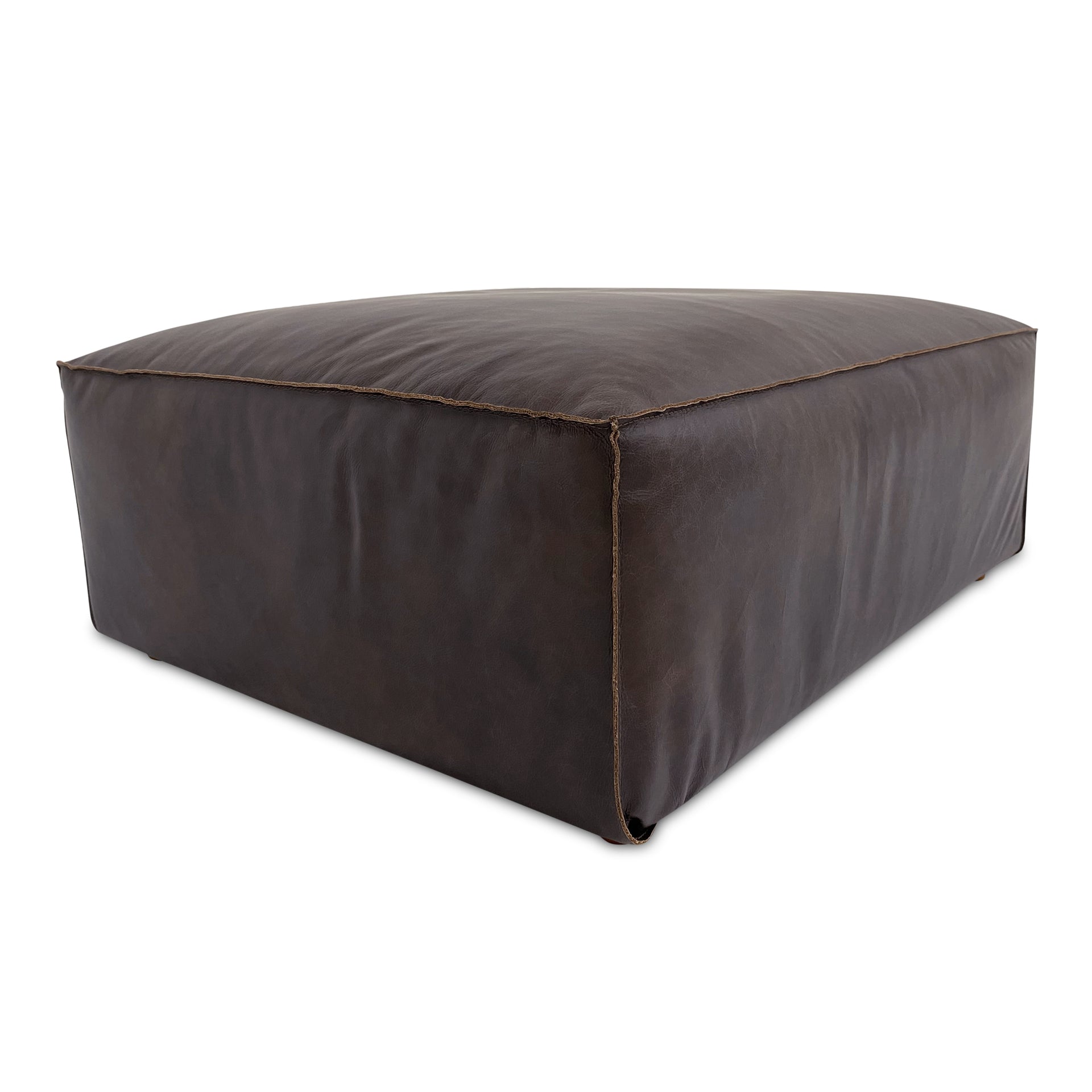 Ambrosia Ottoman, Full Top-Grain Leather, Espresso Brown, Feather-Filled Cushion