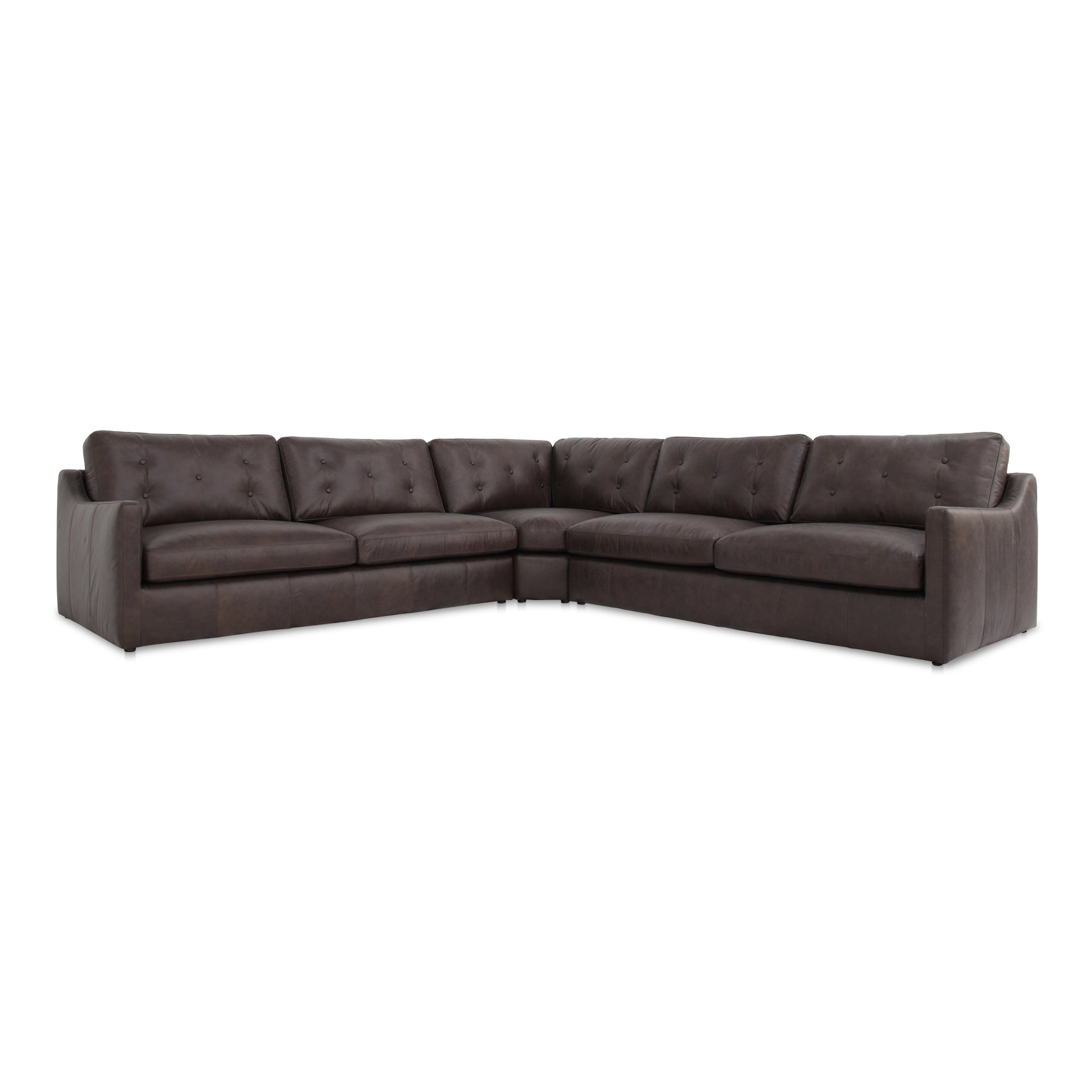 Lorienne Corner Modular Sectional, Top-Grain Leather, Tufted Back, Sloped Arms, Semi-Matte Finish, Espresso Brown