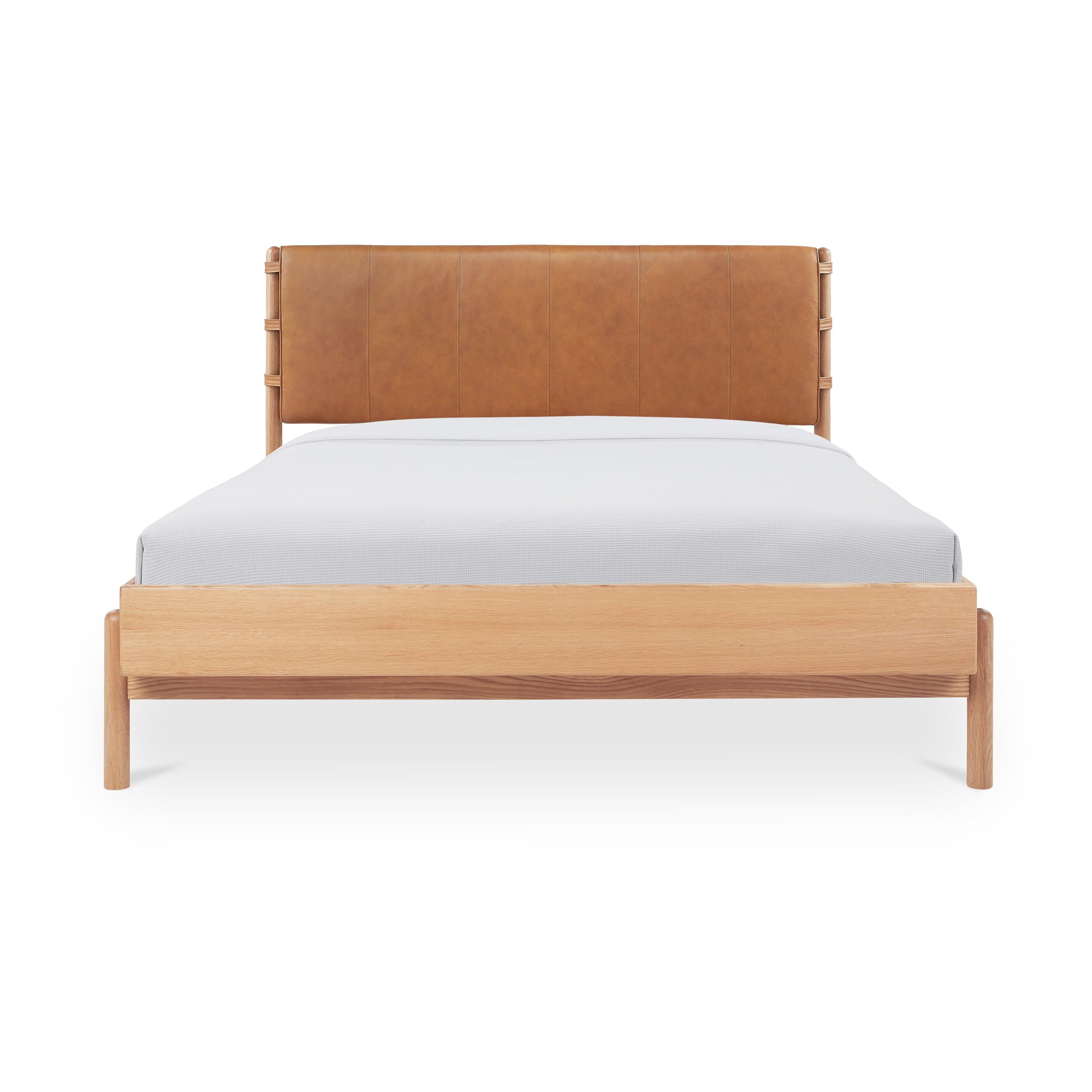 Ever King Bed Frame, Top-Grain Leather Headboard, Solid Oak Legs, Oak Veneer Frame, Brown