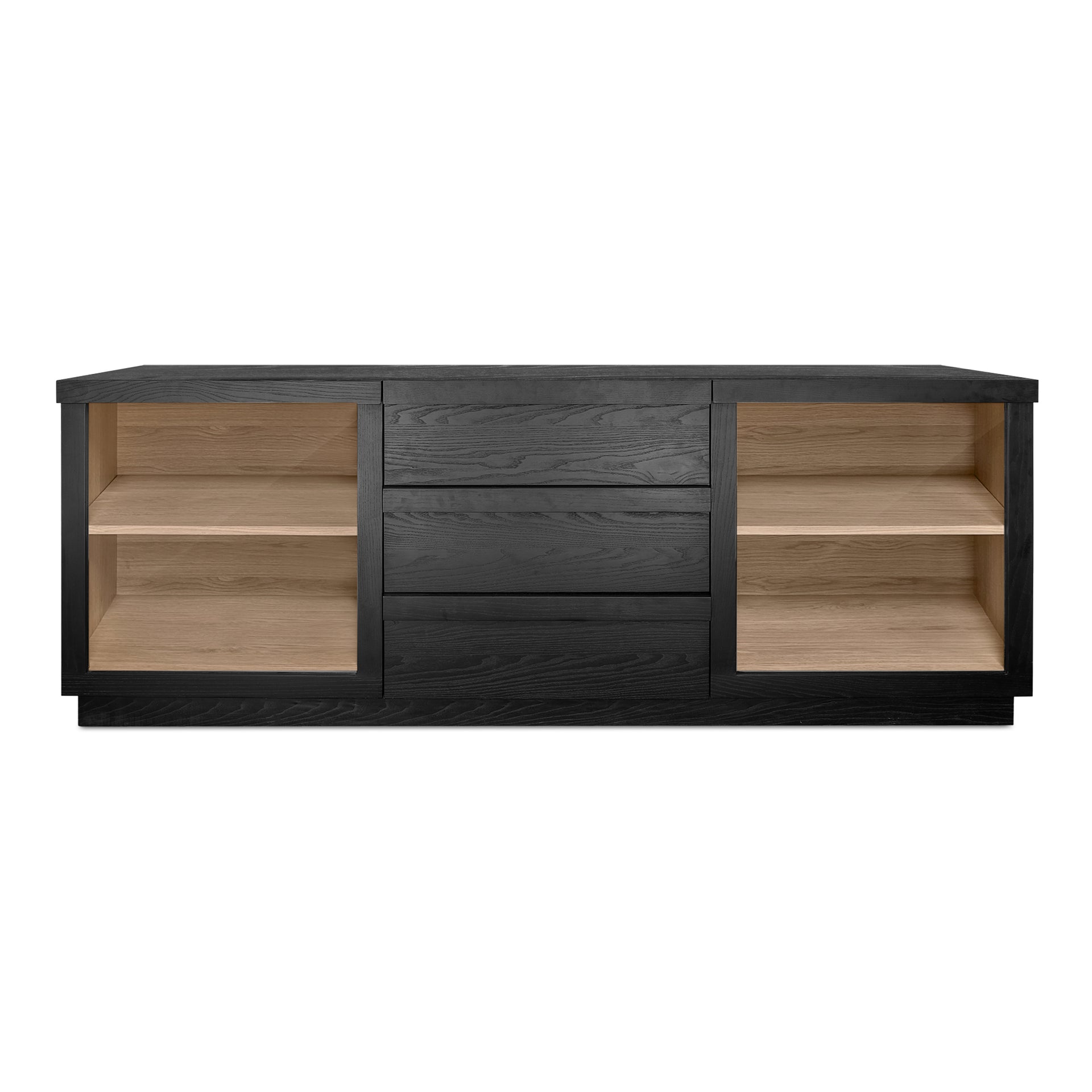 Corwin Sideboard, Two-Tone Ash Veneer, Tempered Glass Doors, Adjustable Shelves, Black/Natural