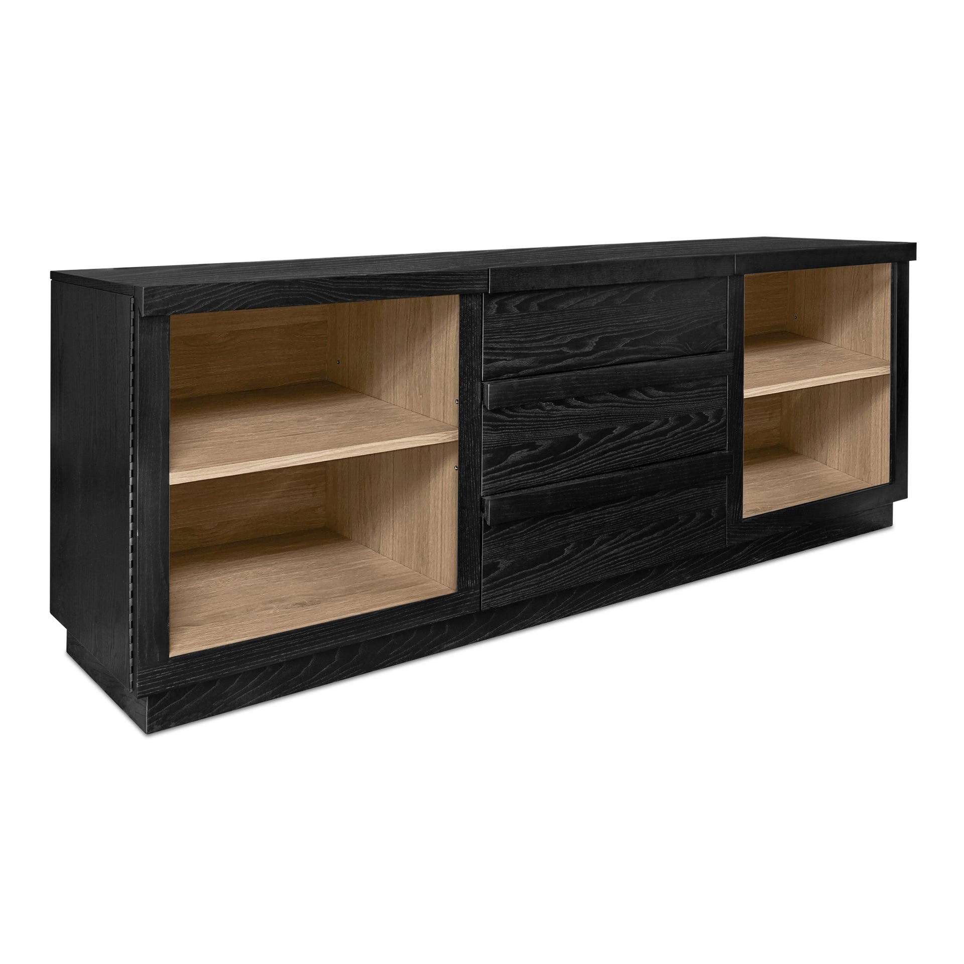 Corwin Sideboard, Two-Tone Ash Veneer, Tempered Glass Doors, Adjustable Shelves, Black/Natural