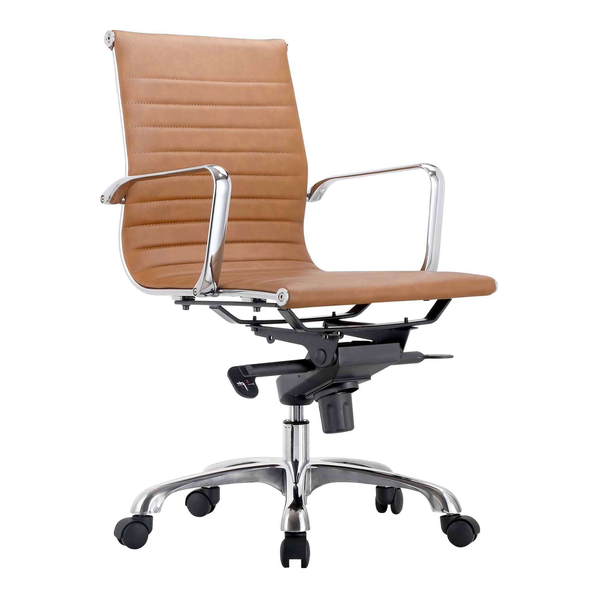 Kayla, Low-Back Office Chair, Vegan Leather Upholstery, Chromed Steel Frame, Tan