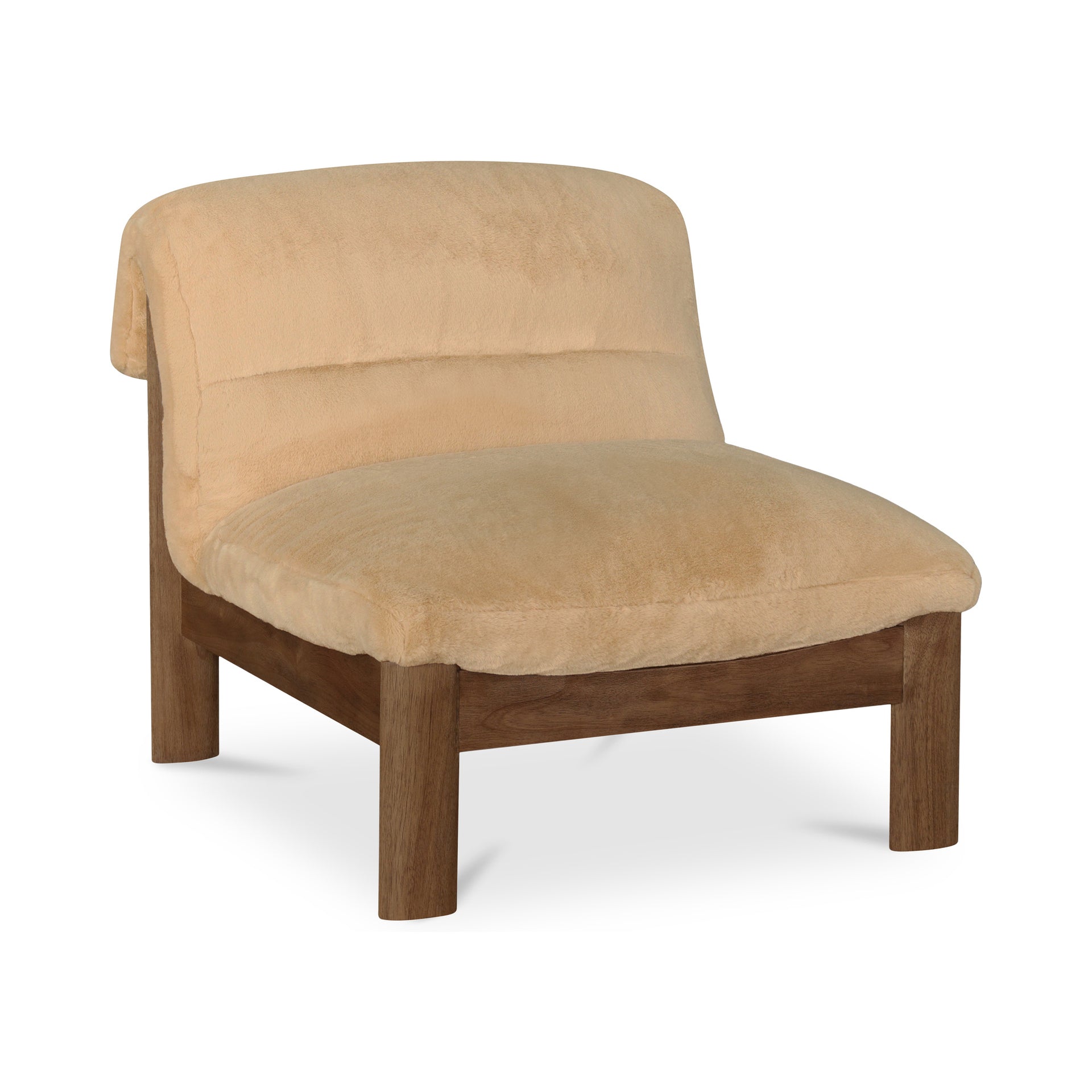 Aero Accent Chair, Armless, Solid Rubber Wood Frame, Tufted Foldover Edge, Plush Faux Fur, Beige