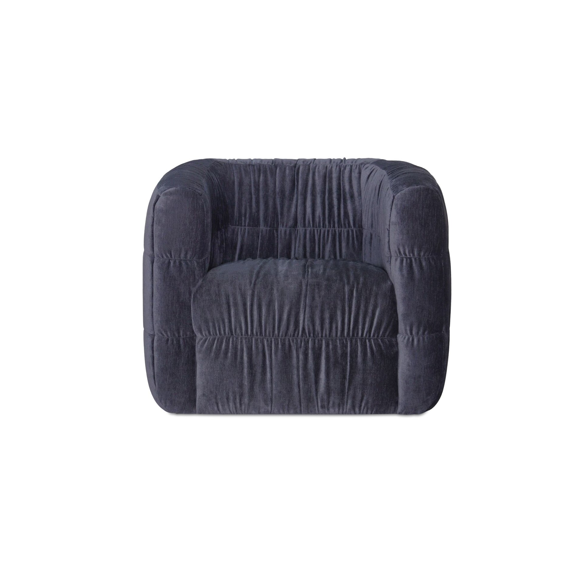 Lumen Accent Chair, Curved Back, Solid Rubber Wood Frame, Textured Chenille, 360 Swivel, Navy