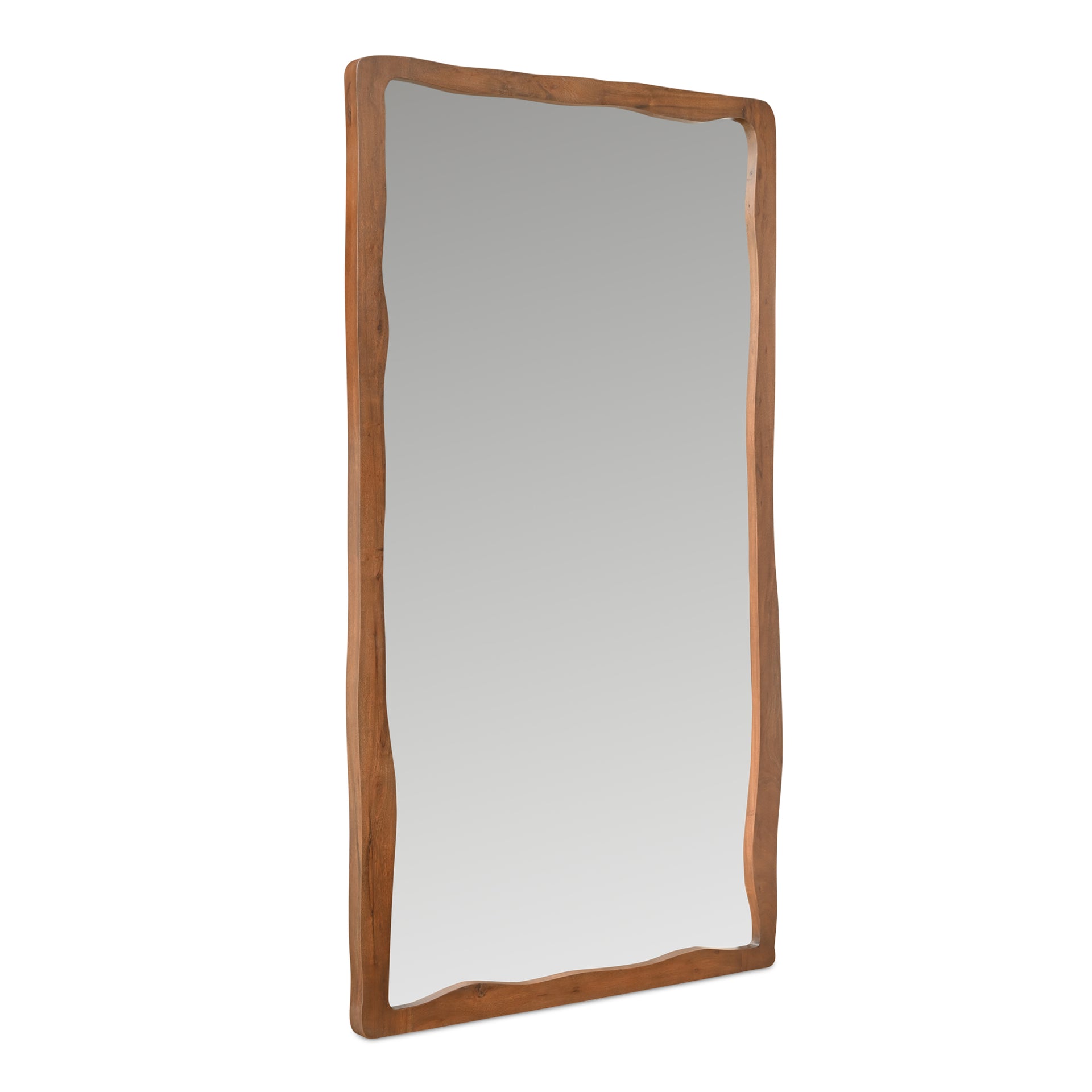 Tavian Wall Mirror, Large, Free-Form Wave Design, Solid Acacia Wood Frame, Walnut Brown
