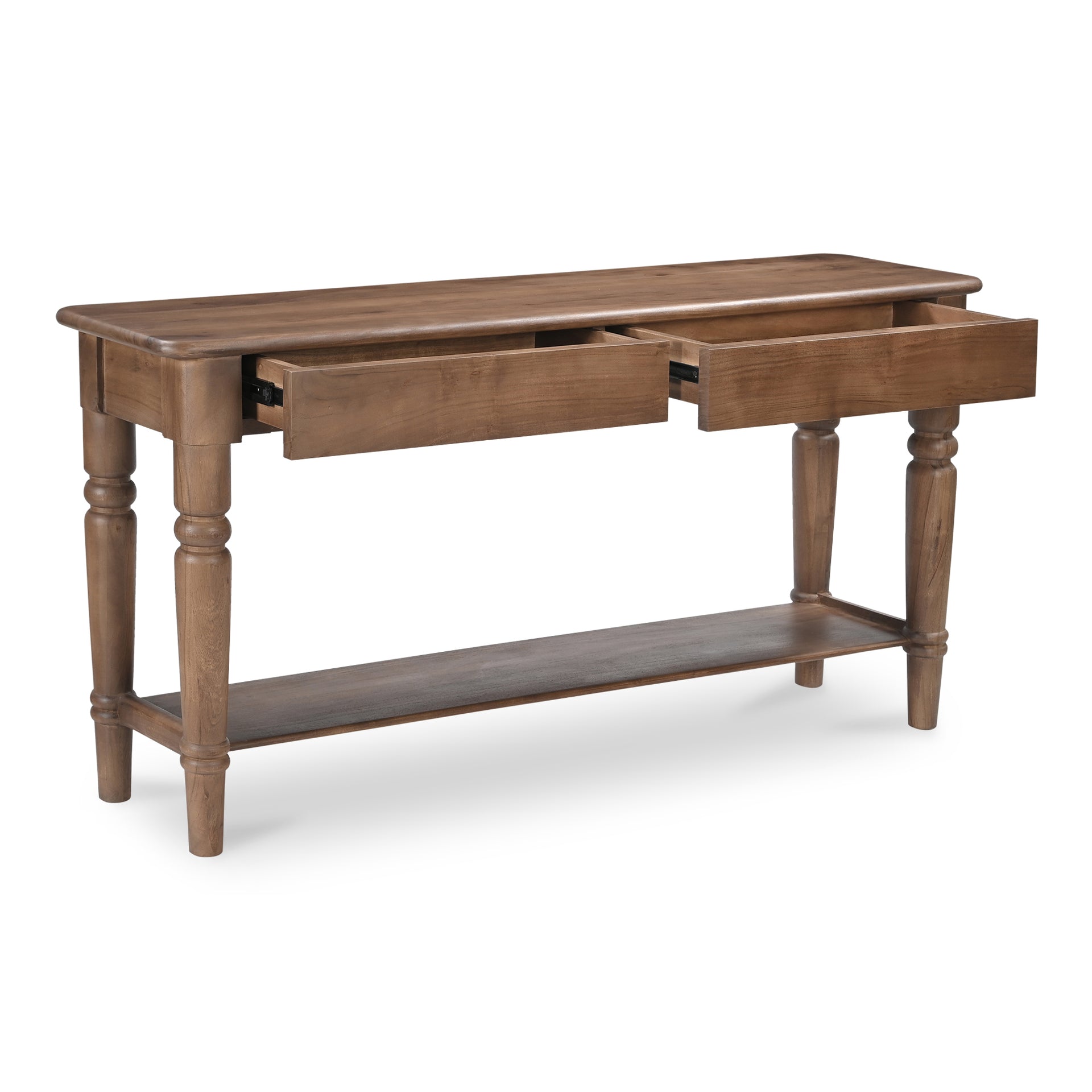 Cove Console Table, Turned Legs, Overhanging Top, 2 Drawers, Acacia Wood, Brown
