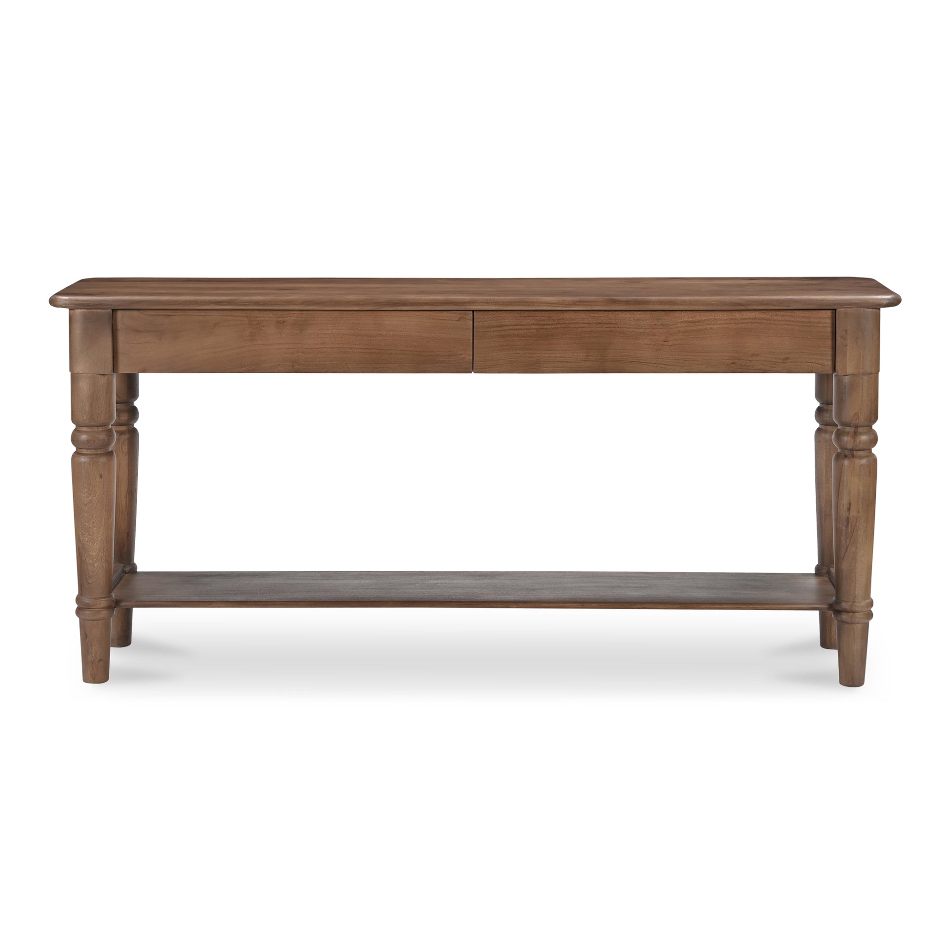 Cove Console Table, Turned Legs, Overhanging Top, 2 Drawers, Acacia Wood, Brown