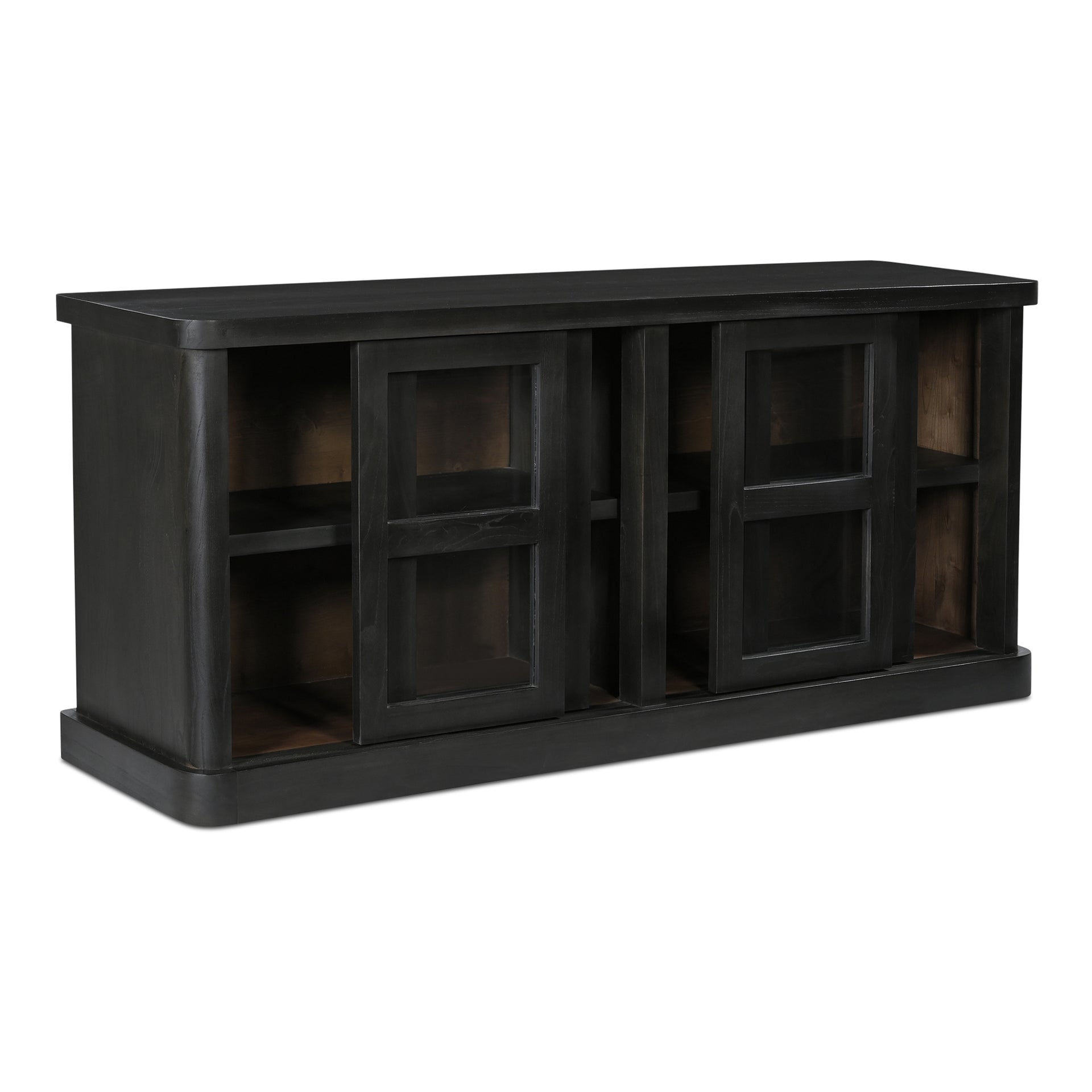 Selira Sideboard, Solid Neem Wood Frame, Four Glass Sliding Doors, Rounded Corners, Black