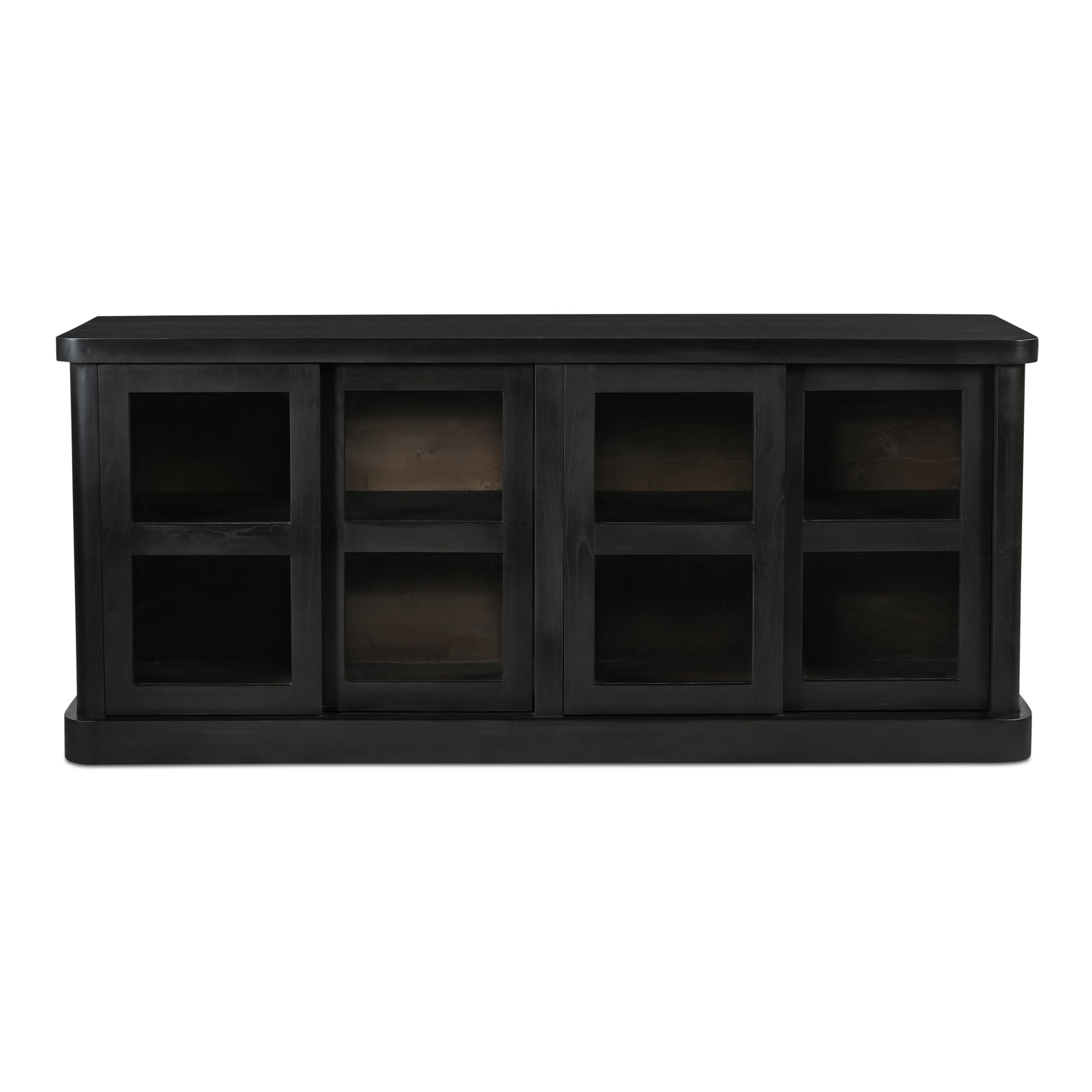 Selira Sideboard, Solid Neem Wood Frame, Four Glass Sliding Doors, Rounded Corners, Black