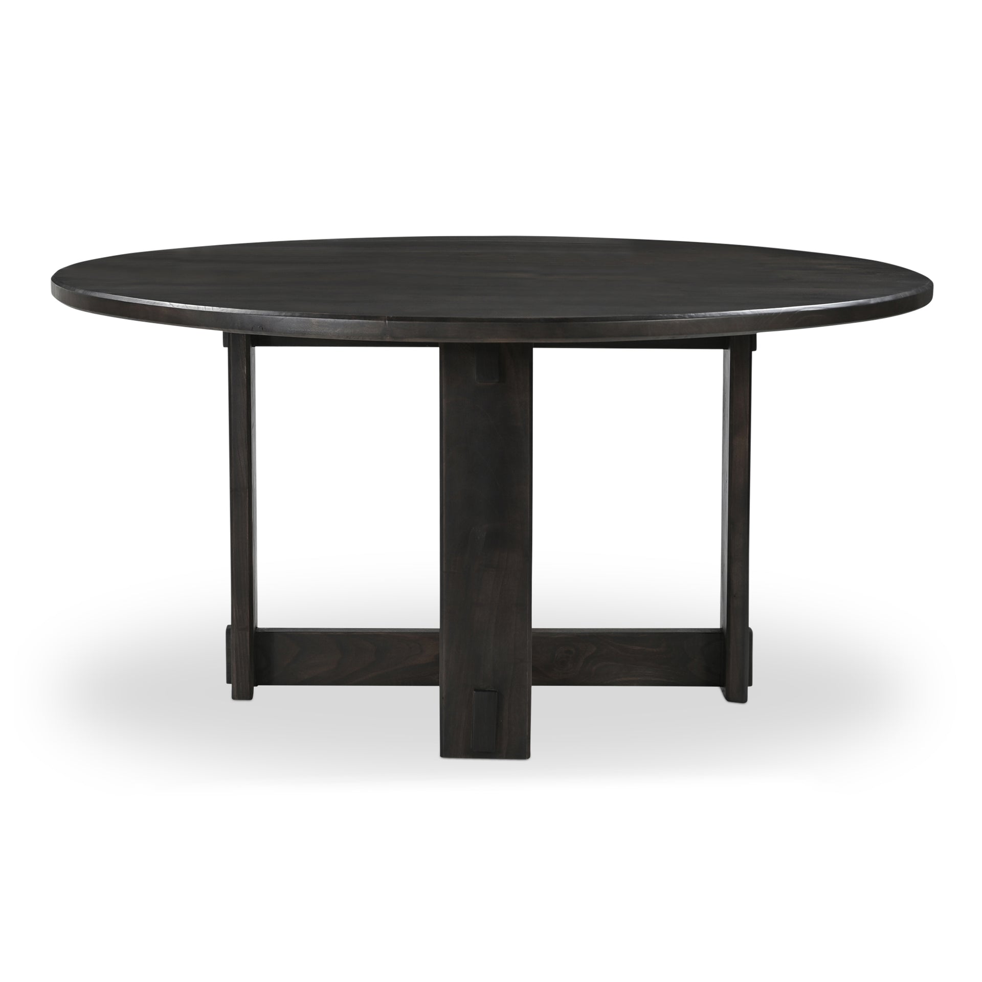 Fiorenza Dining Table for 6, Round Top, Solid Neem Wood, Joinery Detail, Iron Accents, Dark Brown