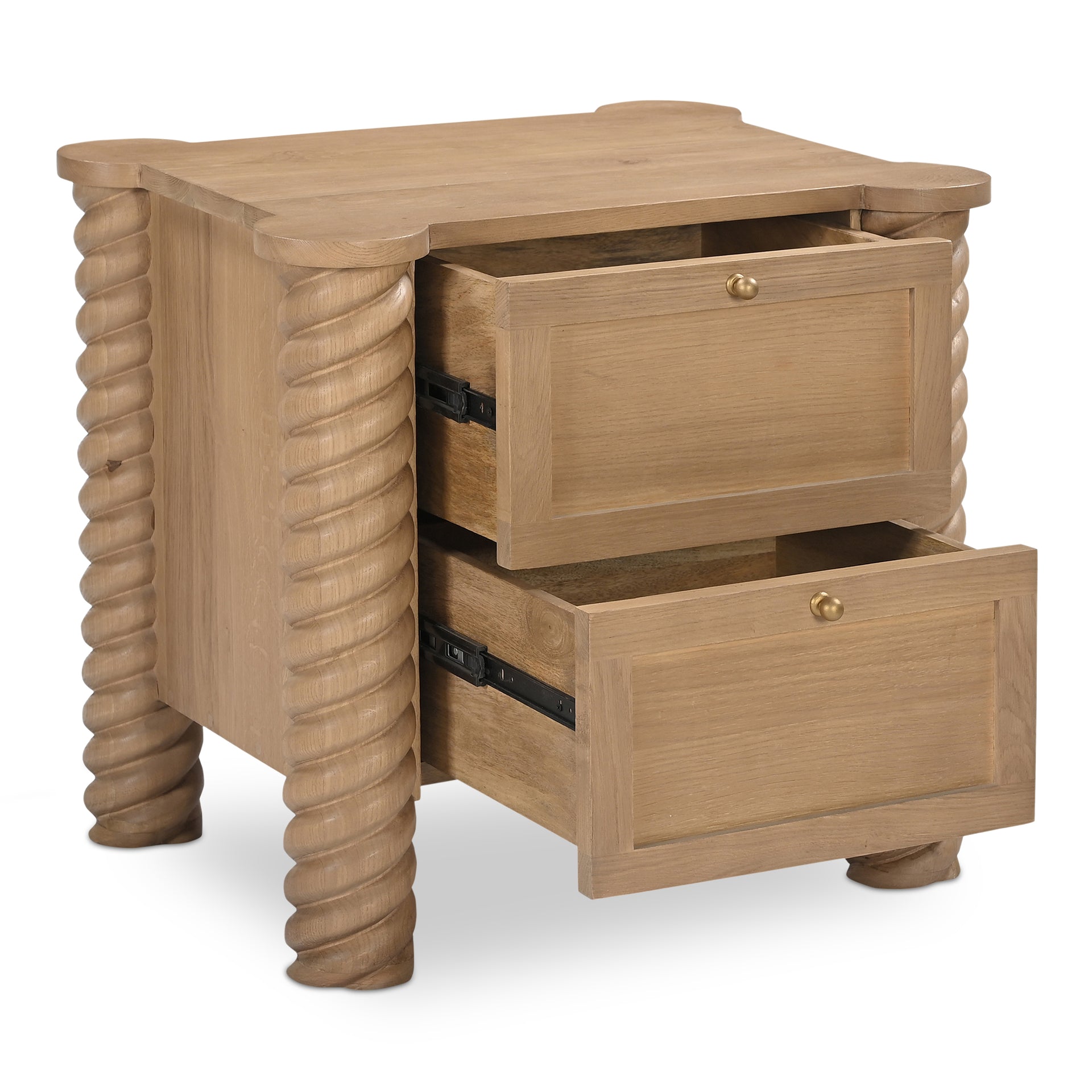 Calvert Treccia Nightstand, Solid Oak with Oak Veneer Panels, 2 Drawers, Turned Legs, Natural Finish