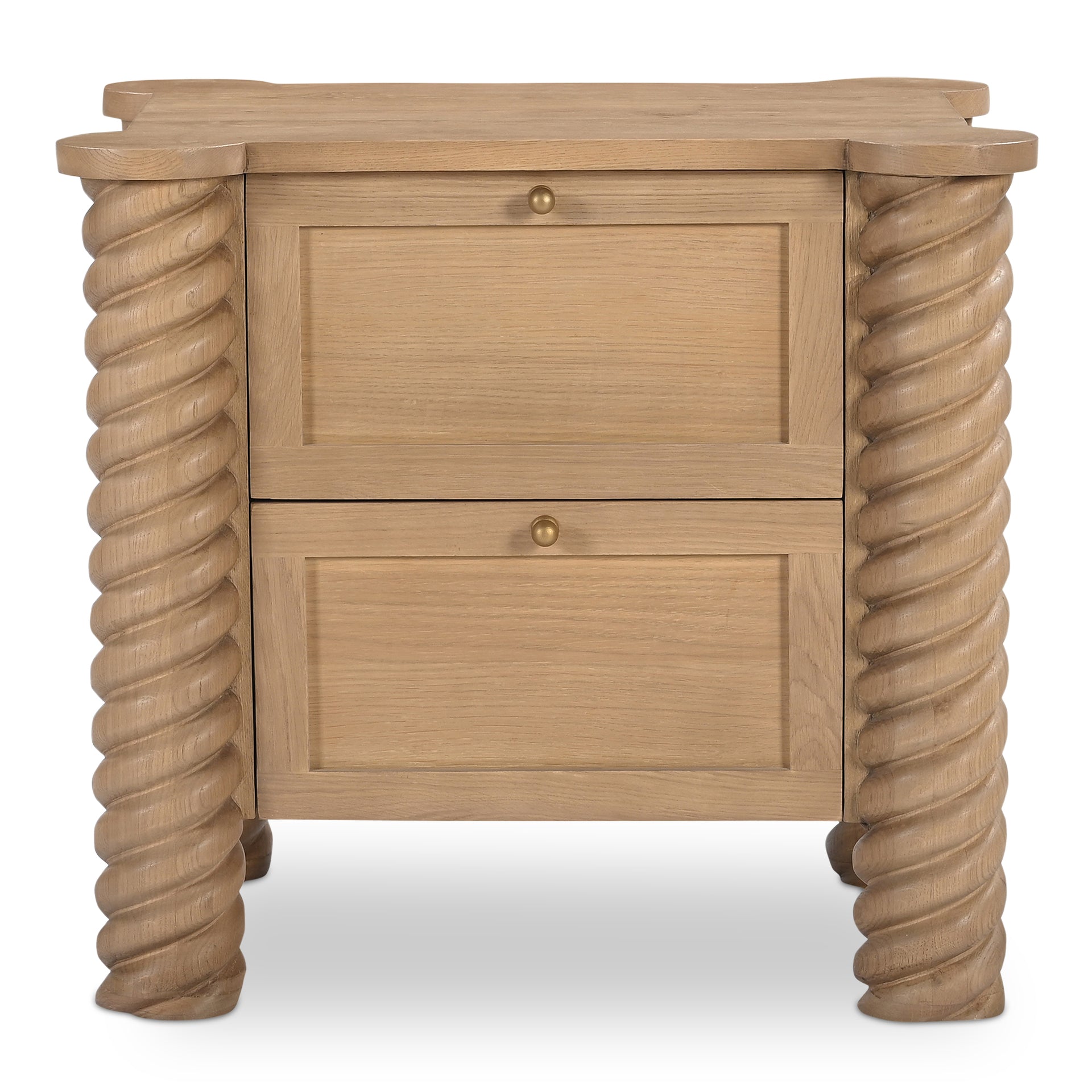 Calvert Treccia Nightstand, Solid Oak with Oak Veneer Panels, 2 Drawers, Turned Legs, Natural Finish