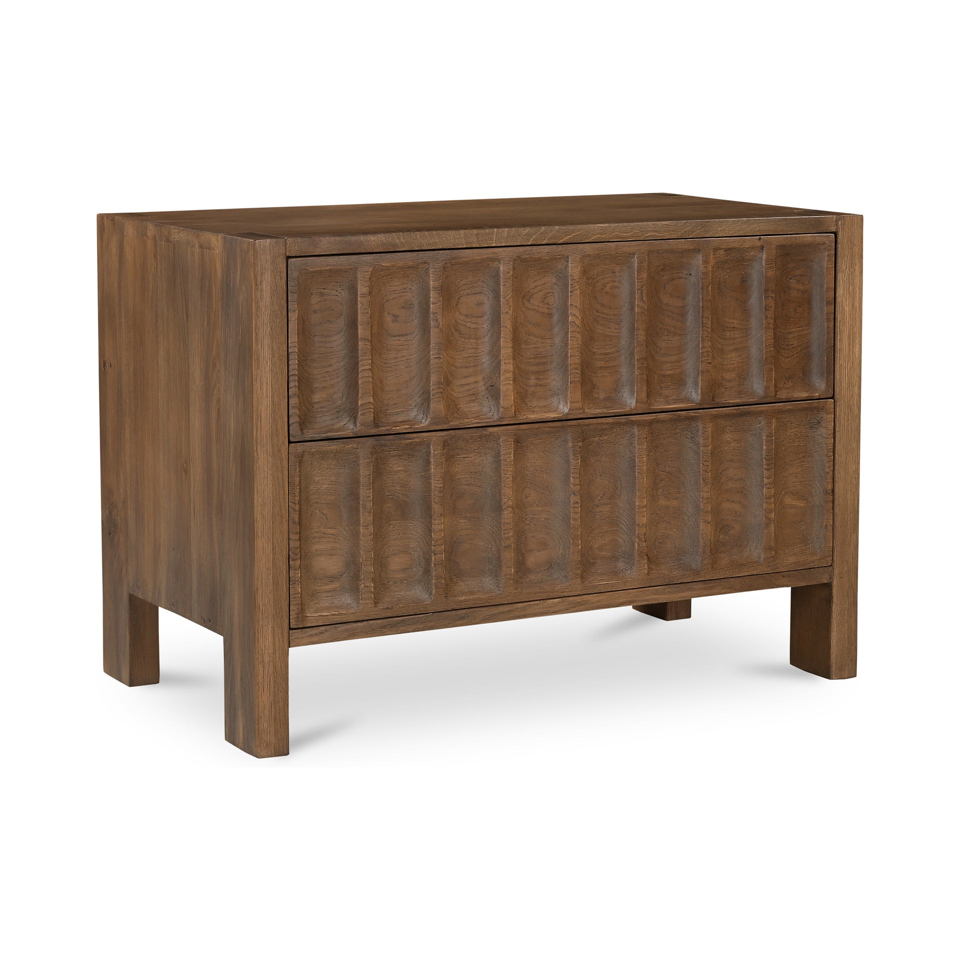 Jovaris Nightstand, Solid Oak and Mango Wood, Carved Groove Front, Exposed Joinery, Single Drawer, Brown