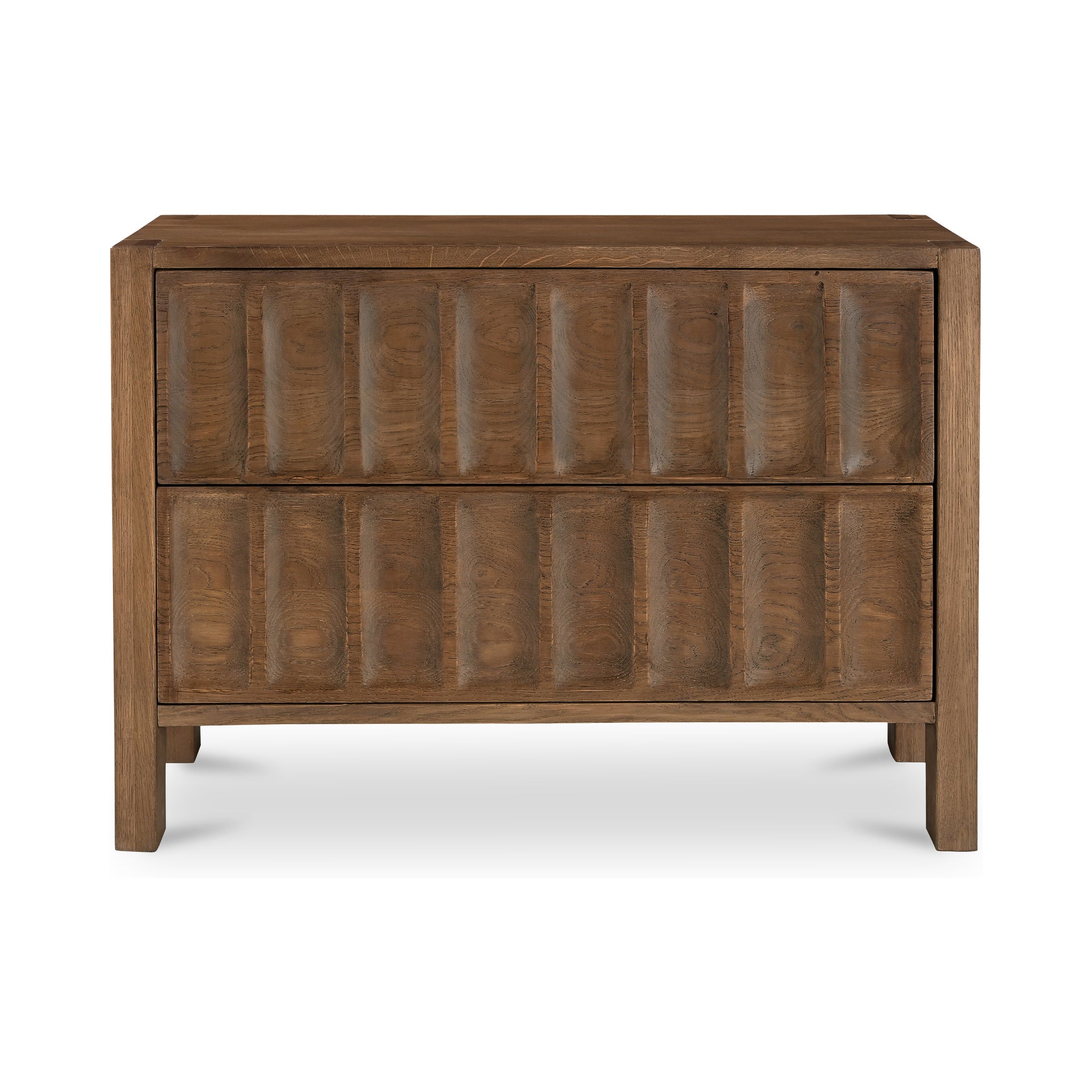 Jovaris Nightstand, Solid Oak and Mango Wood, Carved Groove Front, Exposed Joinery, Single Drawer, Brown
