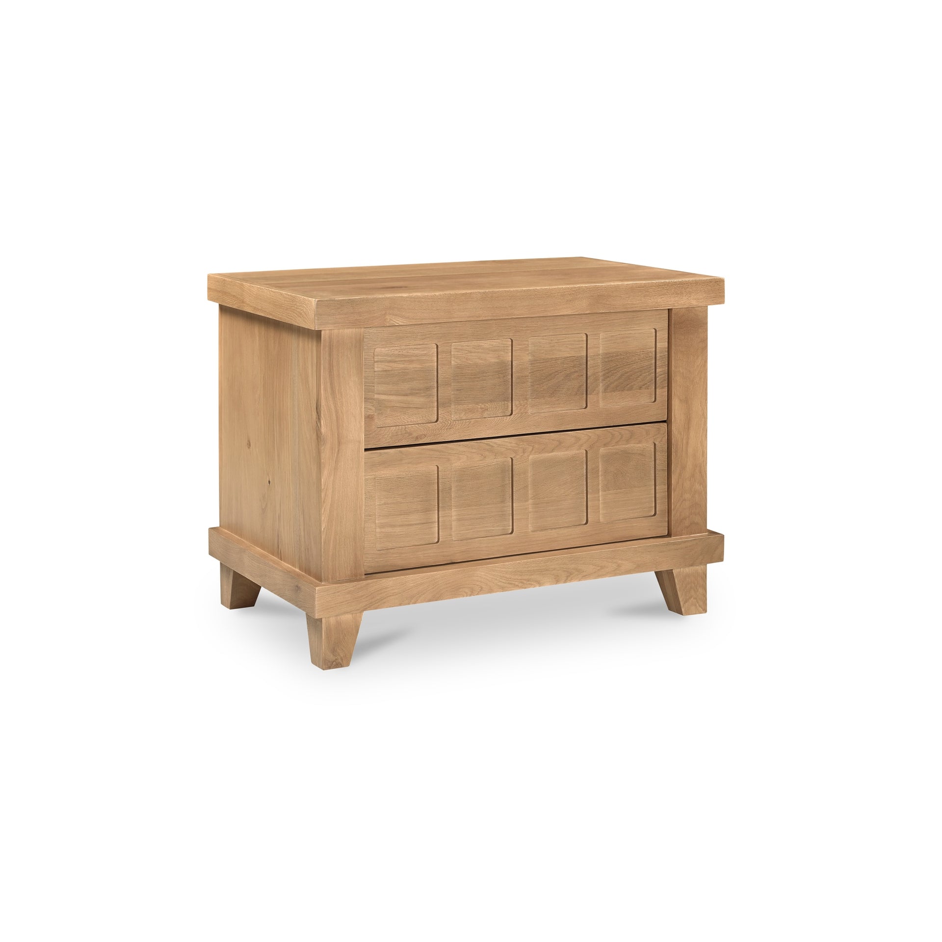 Verisa Nightstand, White Oak and Mango Wood, Carved Drawer Fronts, Push-to-Open Drawers, Natural Oak