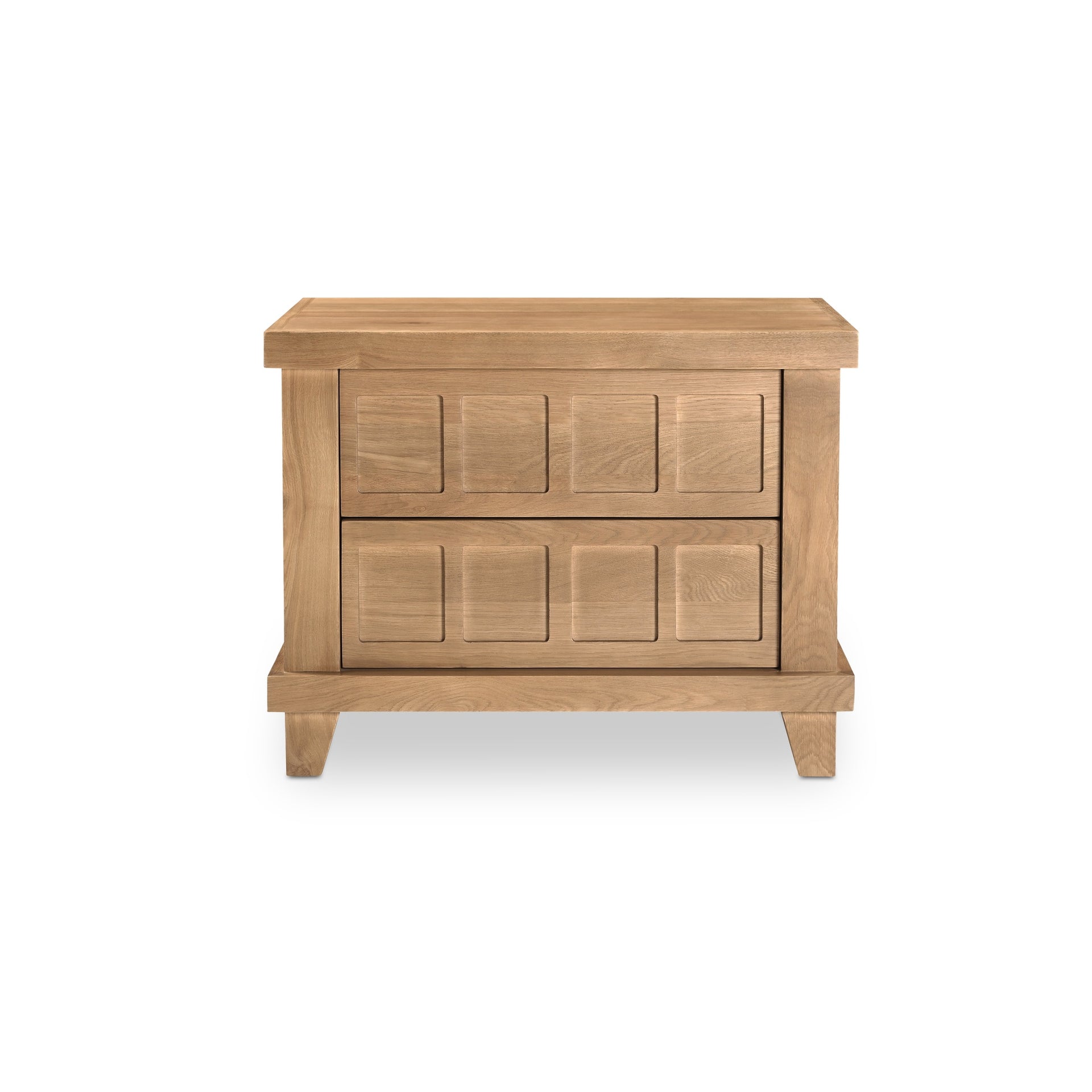 Verisa Nightstand, White Oak and Mango Wood, Carved Drawer Fronts, Push-to-Open Drawers, Natural Oak