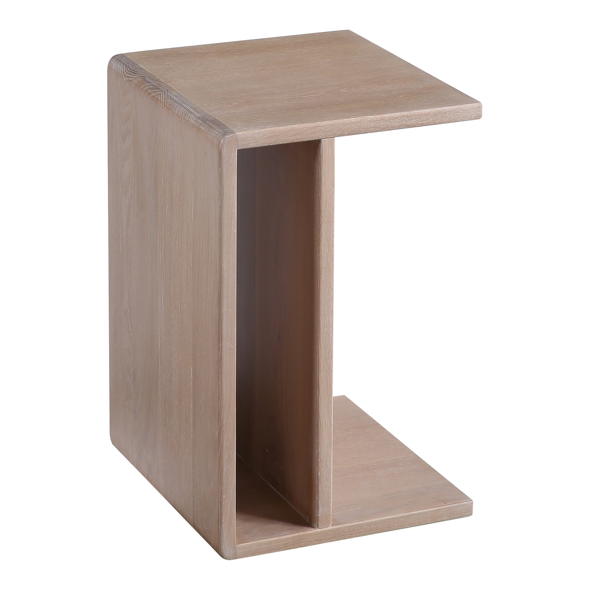 Selene C Shaped Accent Table, Solid Whitewashed Oak, Semi-Gloss Finish, Rectangular, White