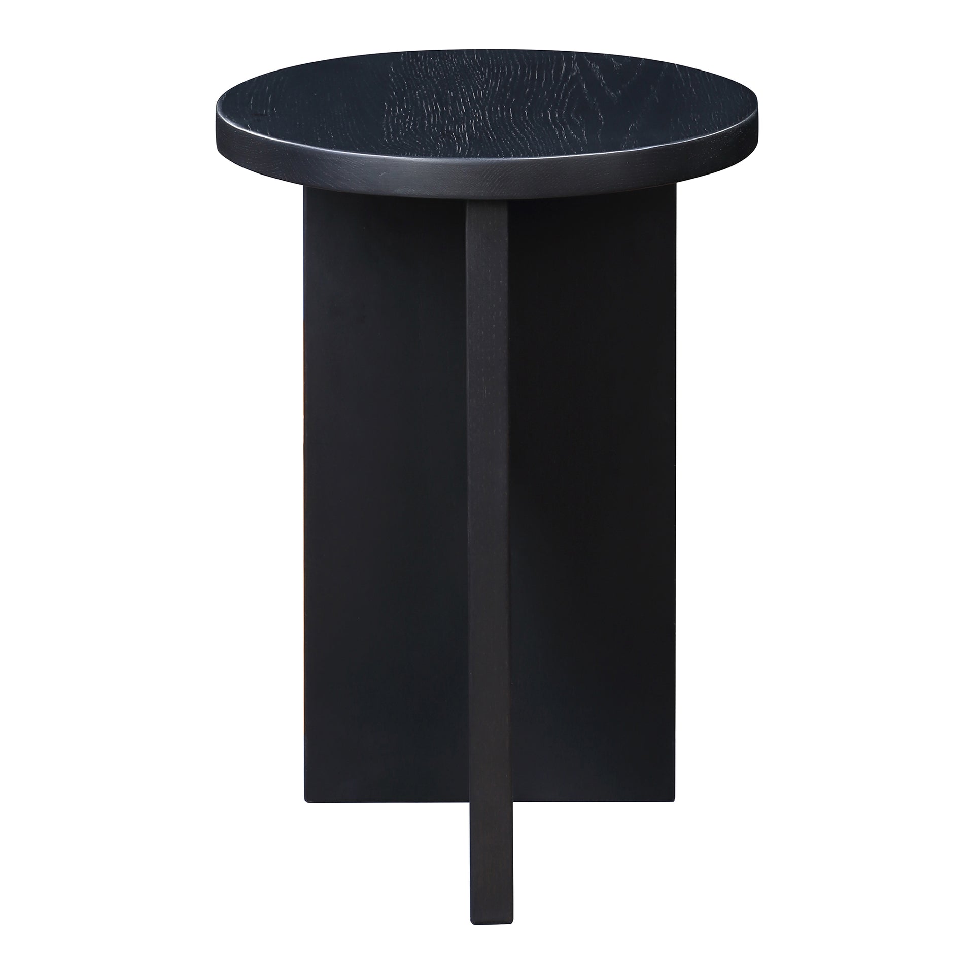 Calix Solid Oak Accent Table, Geometric Base, Round Top, Black Semi-Gloss Finish