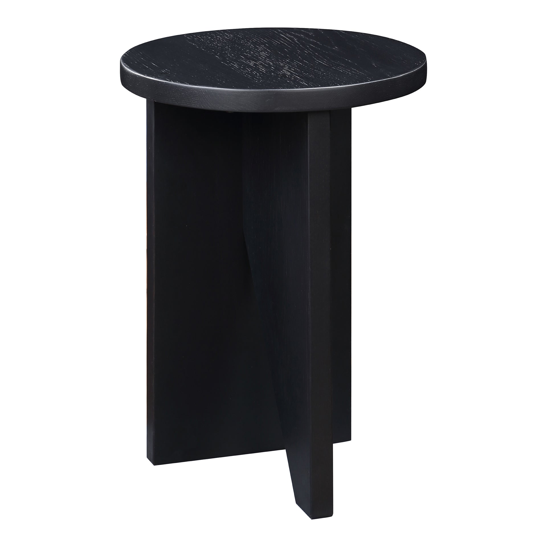Calix Solid Oak Accent Table, Geometric Base, Round Top, Black Semi-Gloss Finish