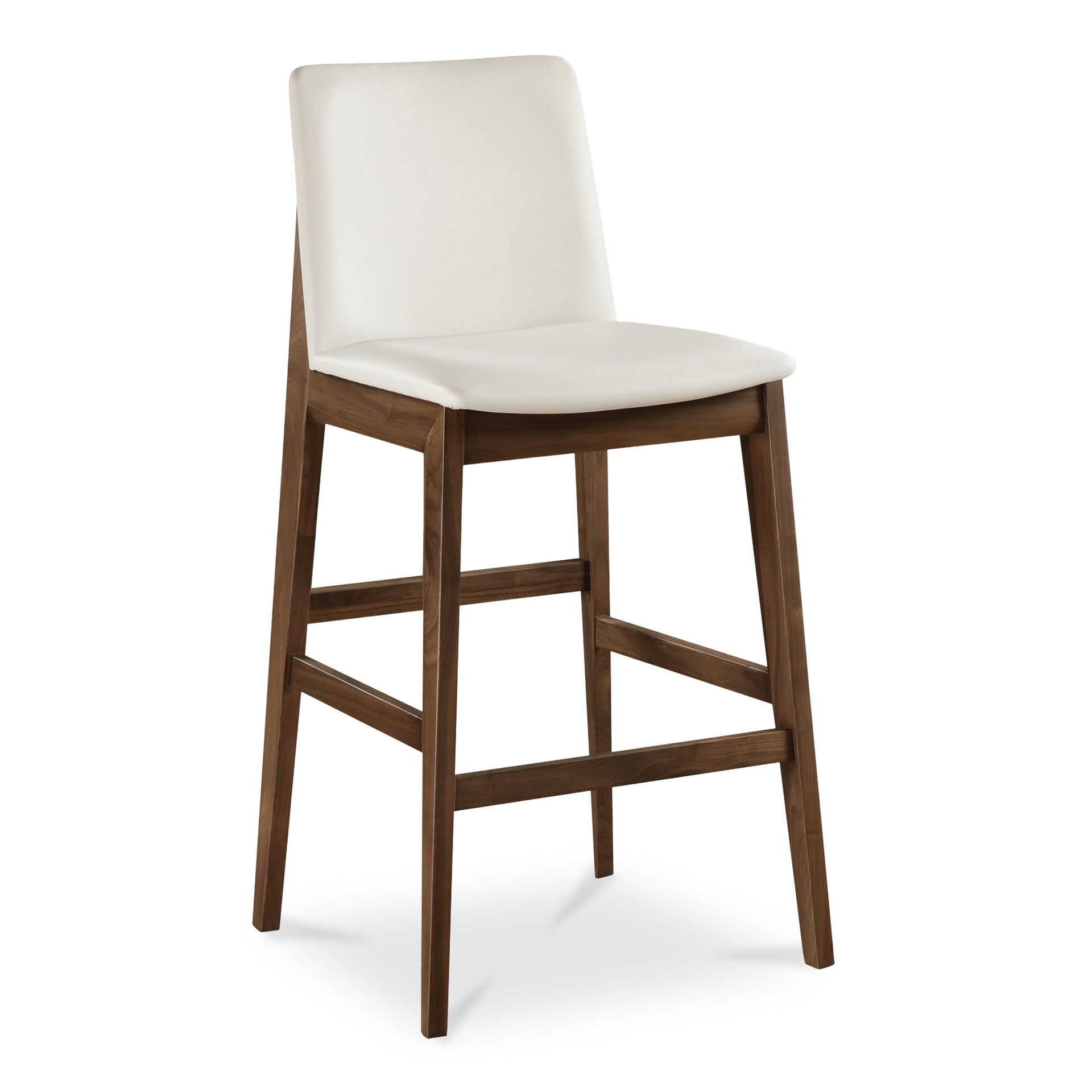 Ismara Bar Stools, 30" Tall, Solid Walnut Frame, Metal Reinforcement, White Vegan Leather Upholstery