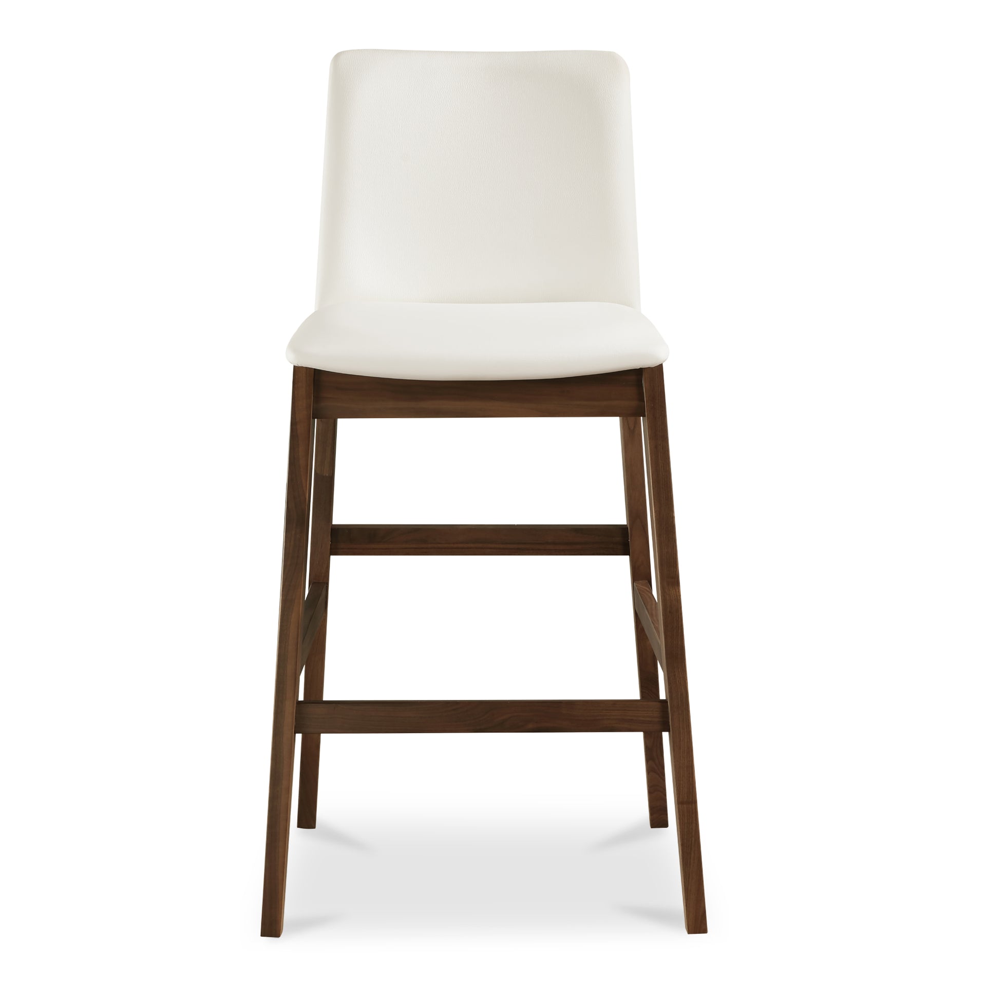 Ismara Bar Stools, 30" Tall, Solid Walnut Frame, Metal Reinforcement, White Vegan Leather Upholstery