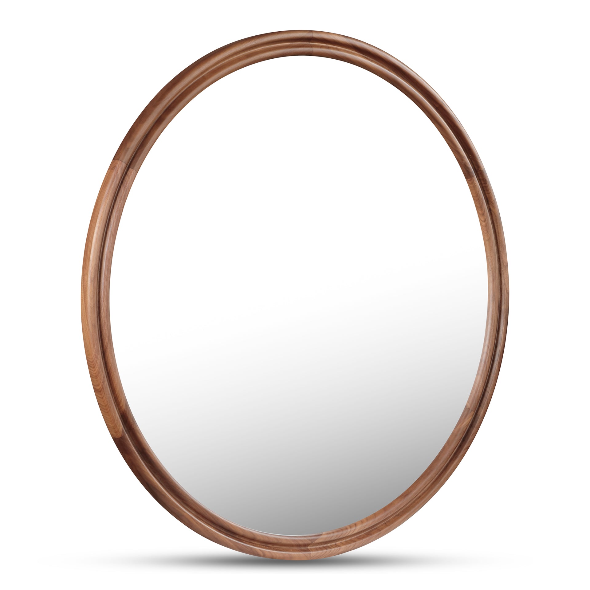 Olyen Mirror, Large Round Solid Walnut Frame with Double Edge Detail, Natural Walnut