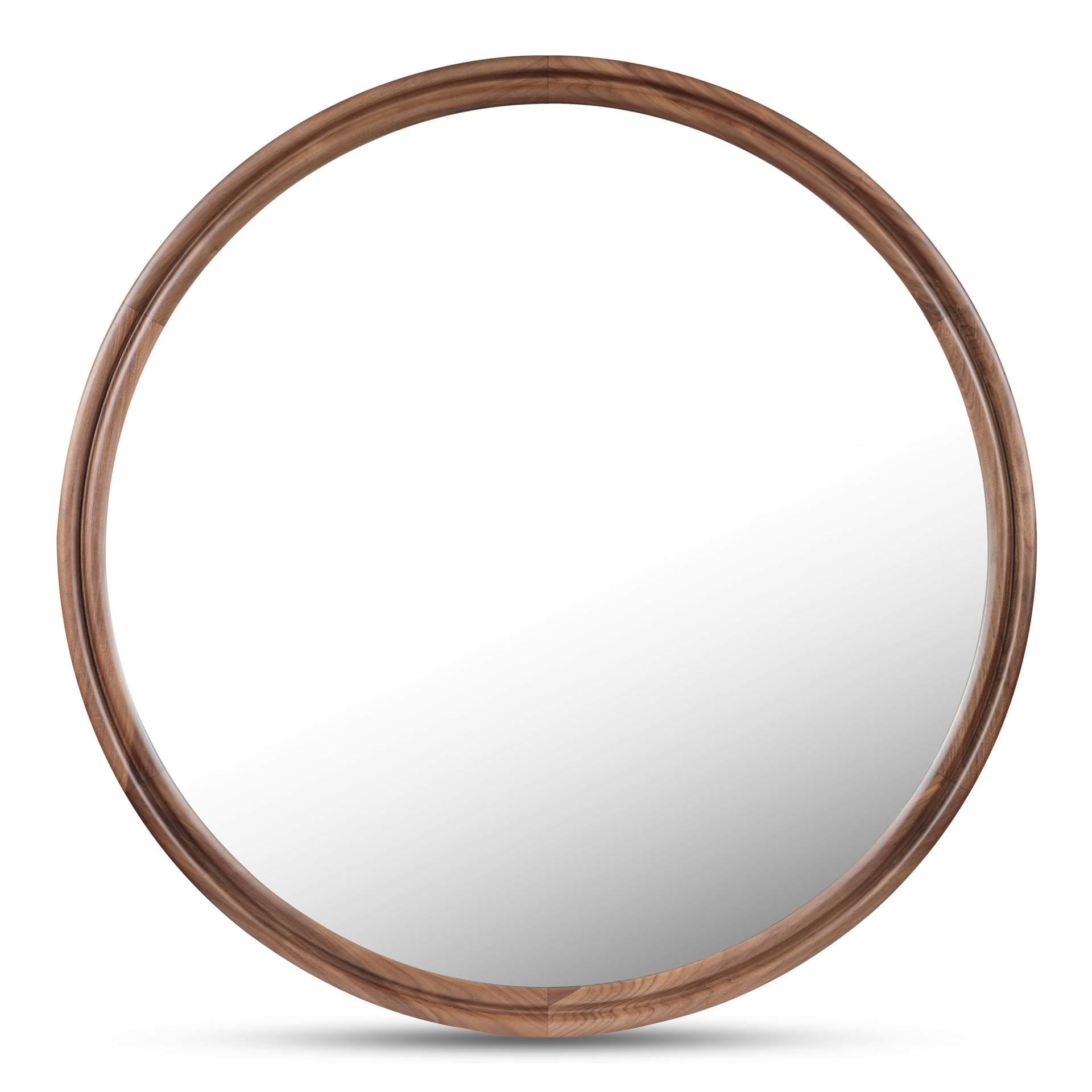 Olyen Mirror, Large Round Solid Walnut Frame with Double Edge Detail, Natural Walnut