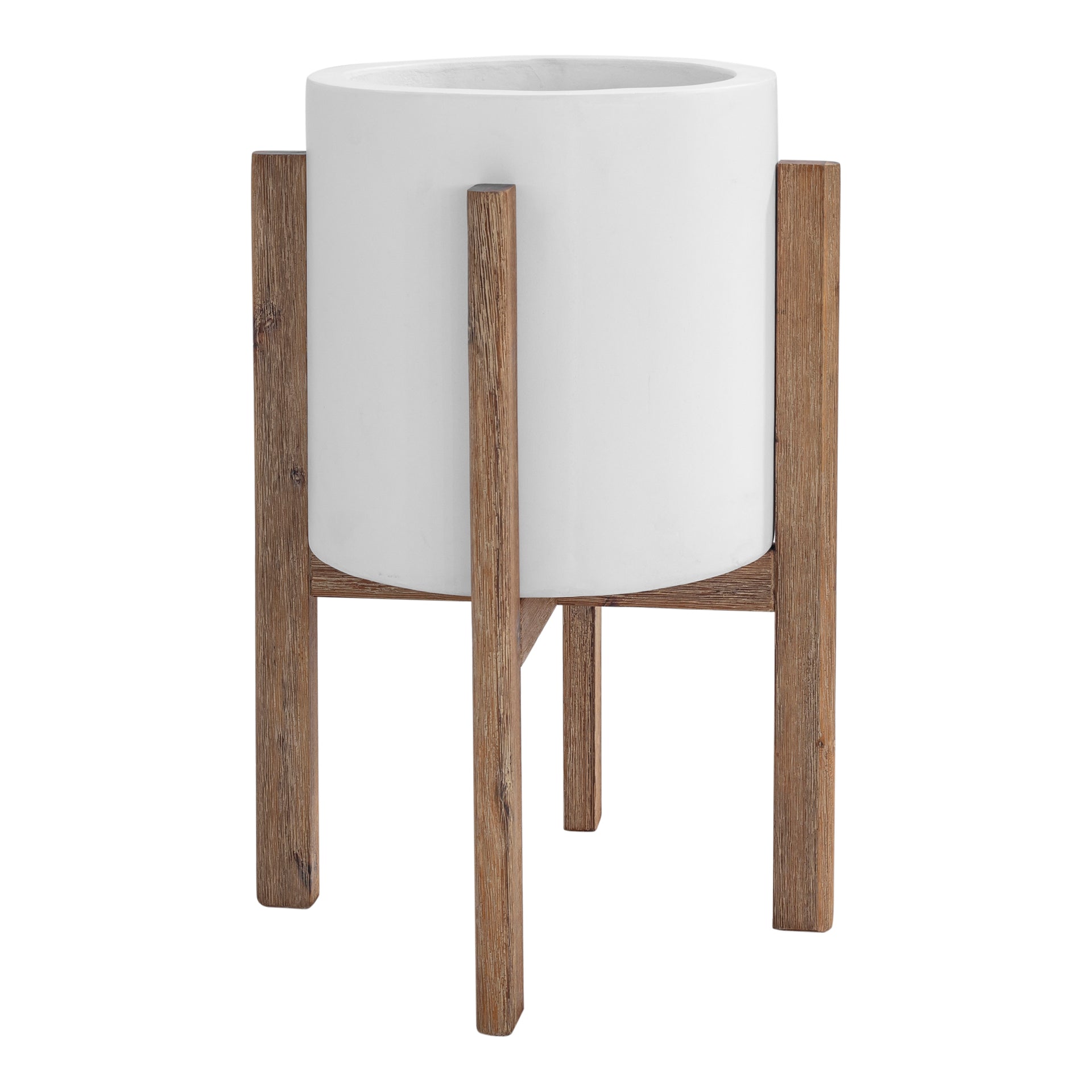 Cassian, Planter with Ivory Concrete and Acacia Wood Base, White