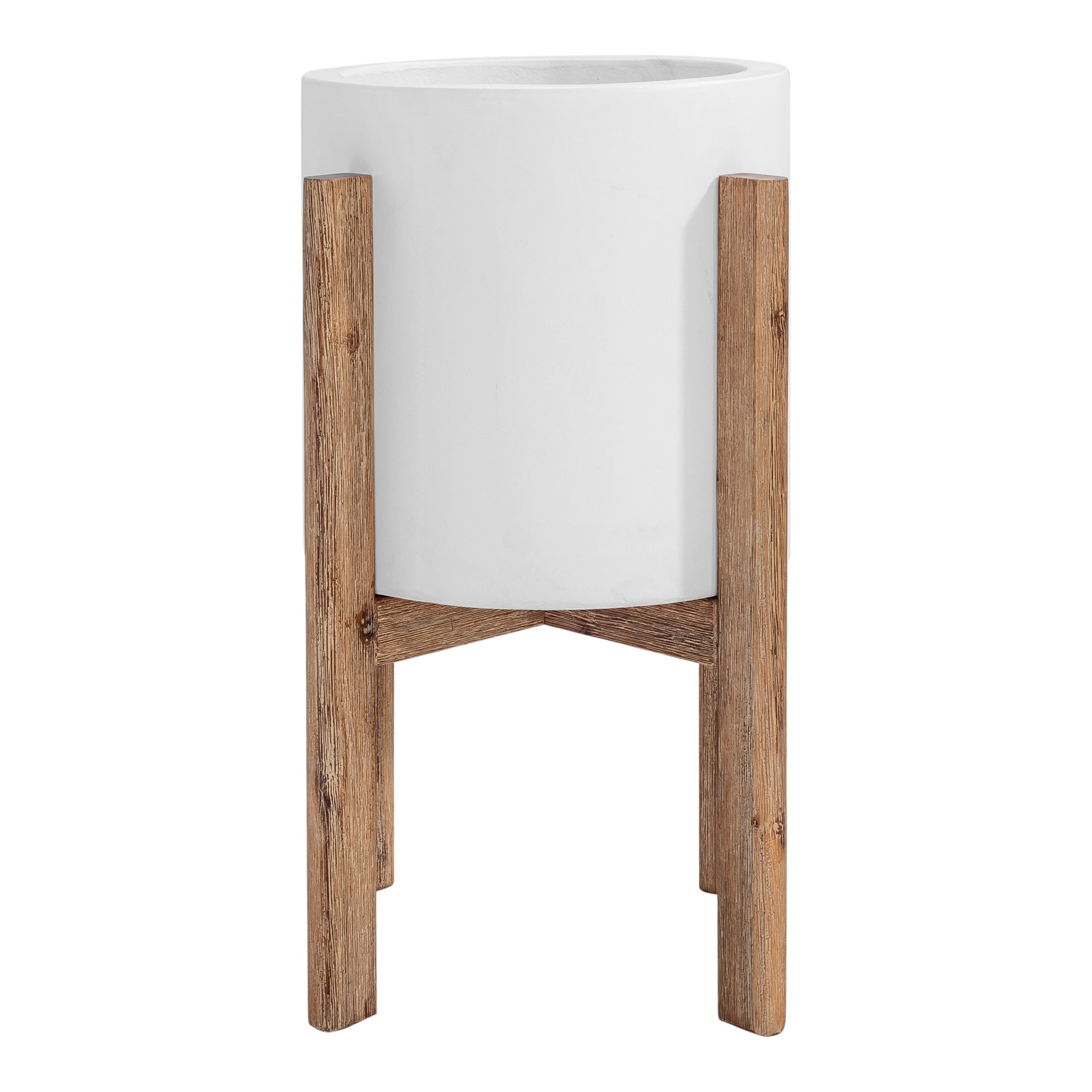 Cassian, Planter with Ivory Concrete and Acacia Wood Base, White