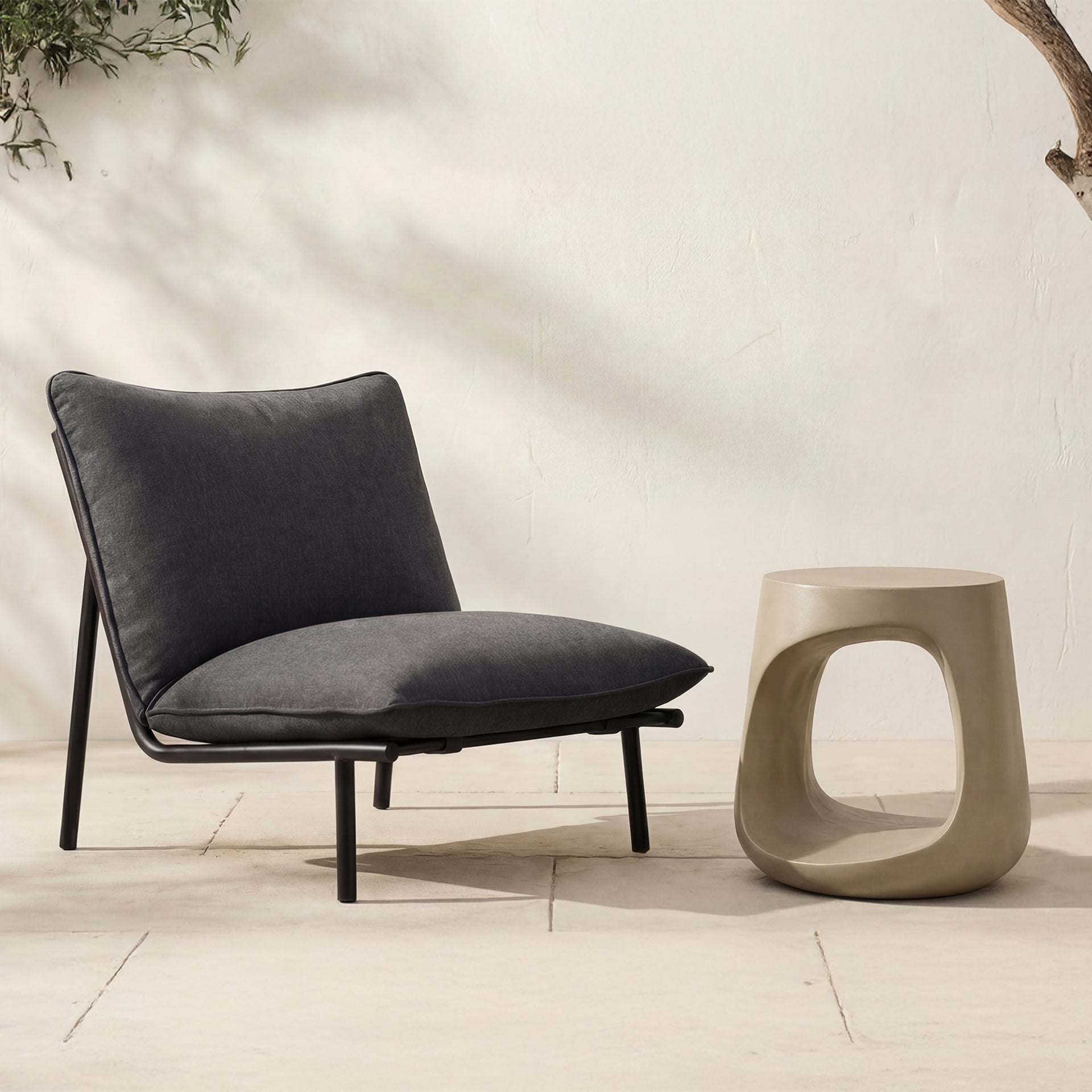 Keelan Stool, Sculptural Cement Base, Lightweight Concrete and Fiber Mix, Indoor and Outdoor Use, White