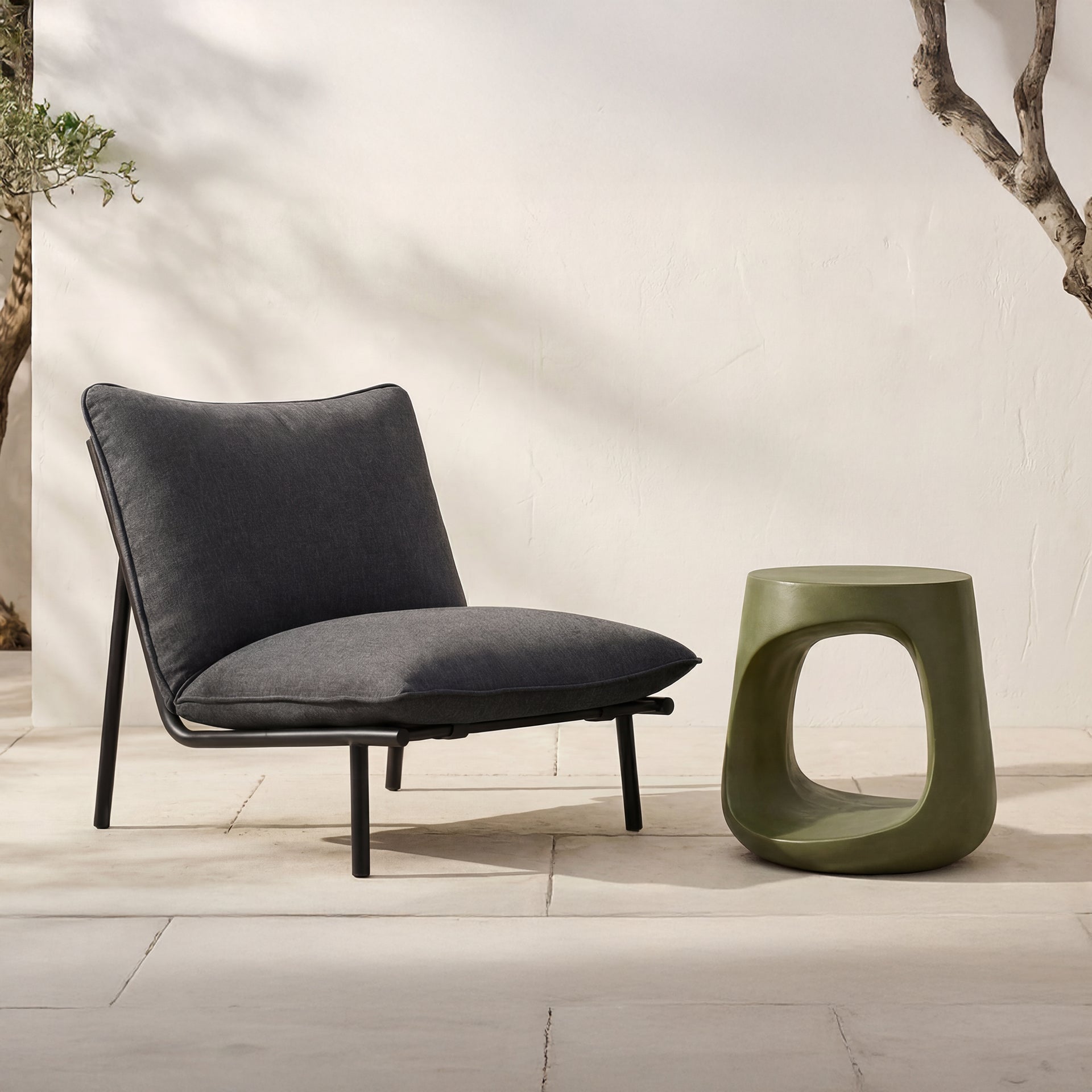 Keelan Stool, Sculptural Cement Base, Lightweight Concrete and Fiber Mix, Indoor and Outdoor Use, Green