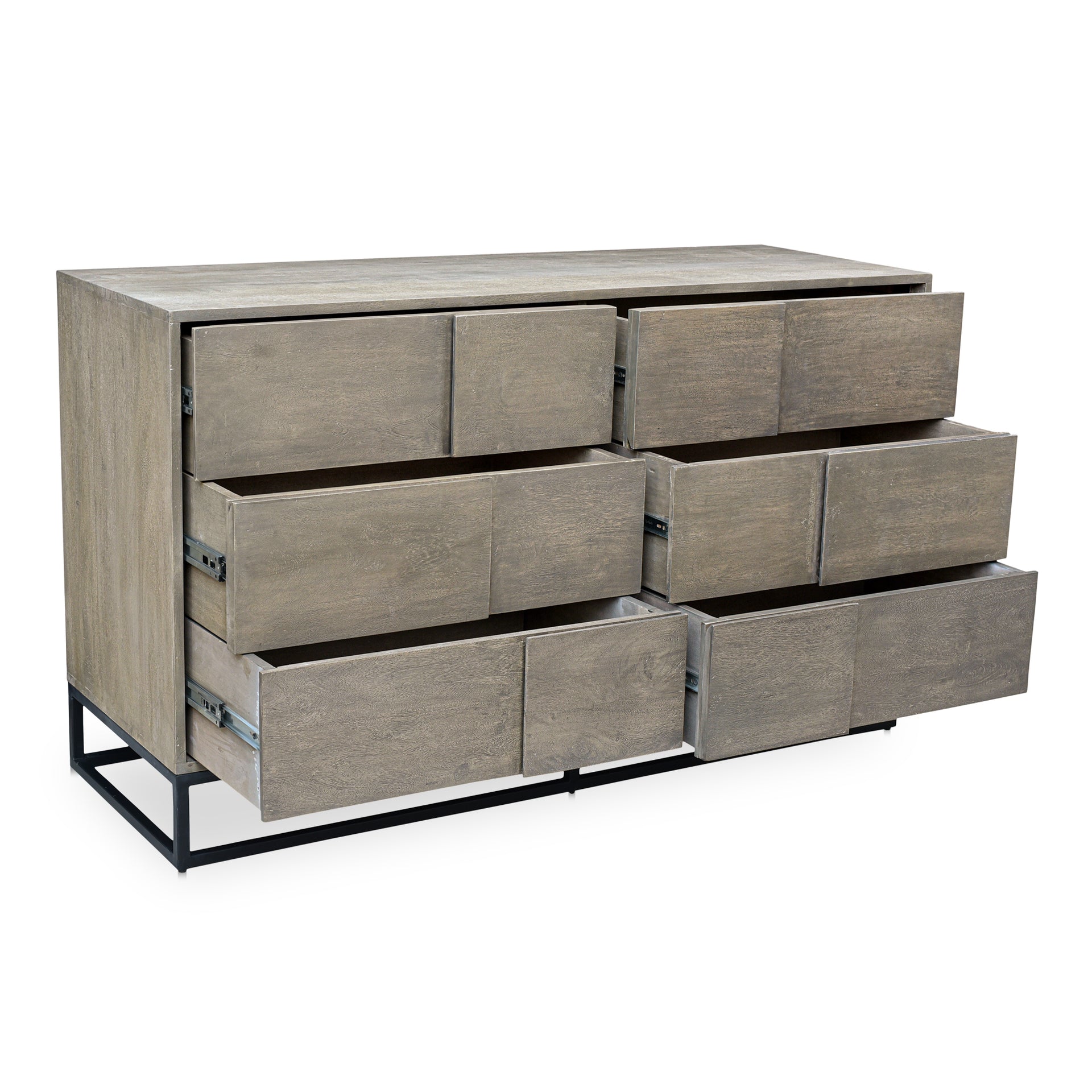 Kestrel, Dresser, Contemporary Solid Acacia Wood with Powder-Coated Iron Base, 6 Drawers, Grey