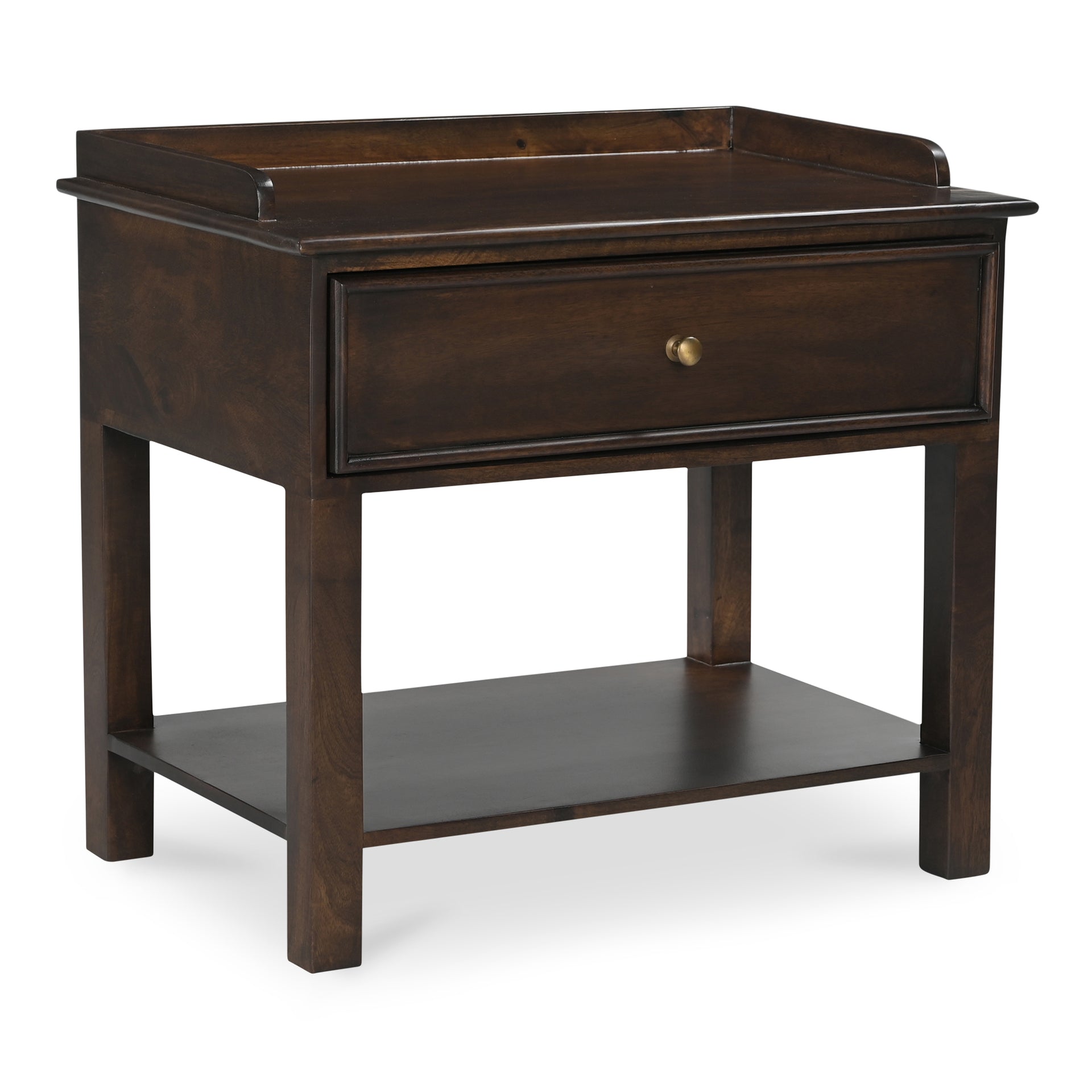 Bellatrix Nightstand, Mango Wood with Brass-Finished Iron Hardware and Soft-Close Drawer, Dark Brown