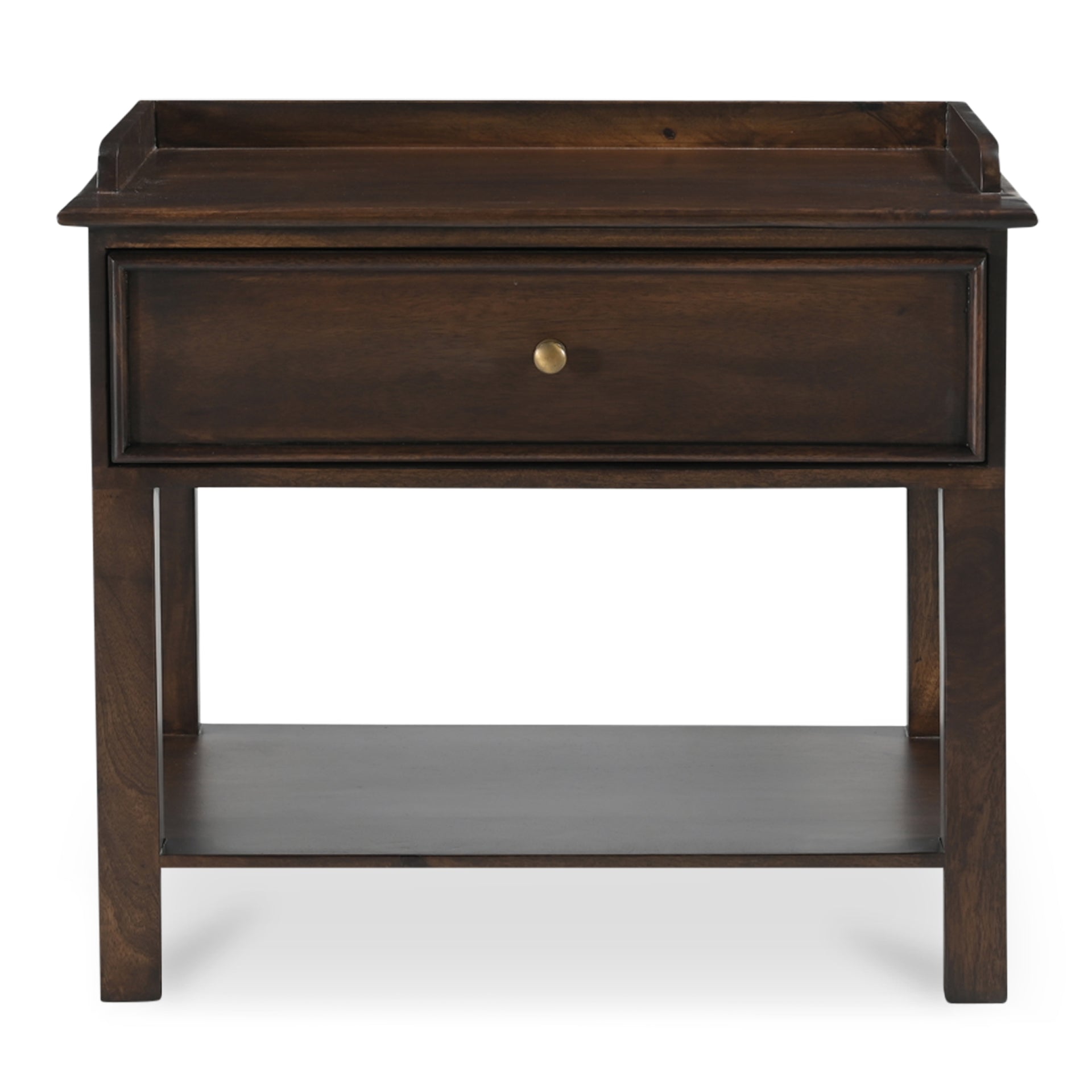Bellatrix Nightstand, Mango Wood with Brass-Finished Iron Hardware and Soft-Close Drawer, Dark Brown