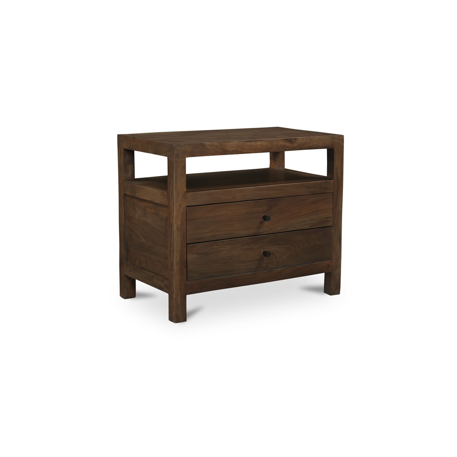 Tindall Nightstand, Neem Wood, Open and Closed Shelving, Two Drawers, Dark Brown