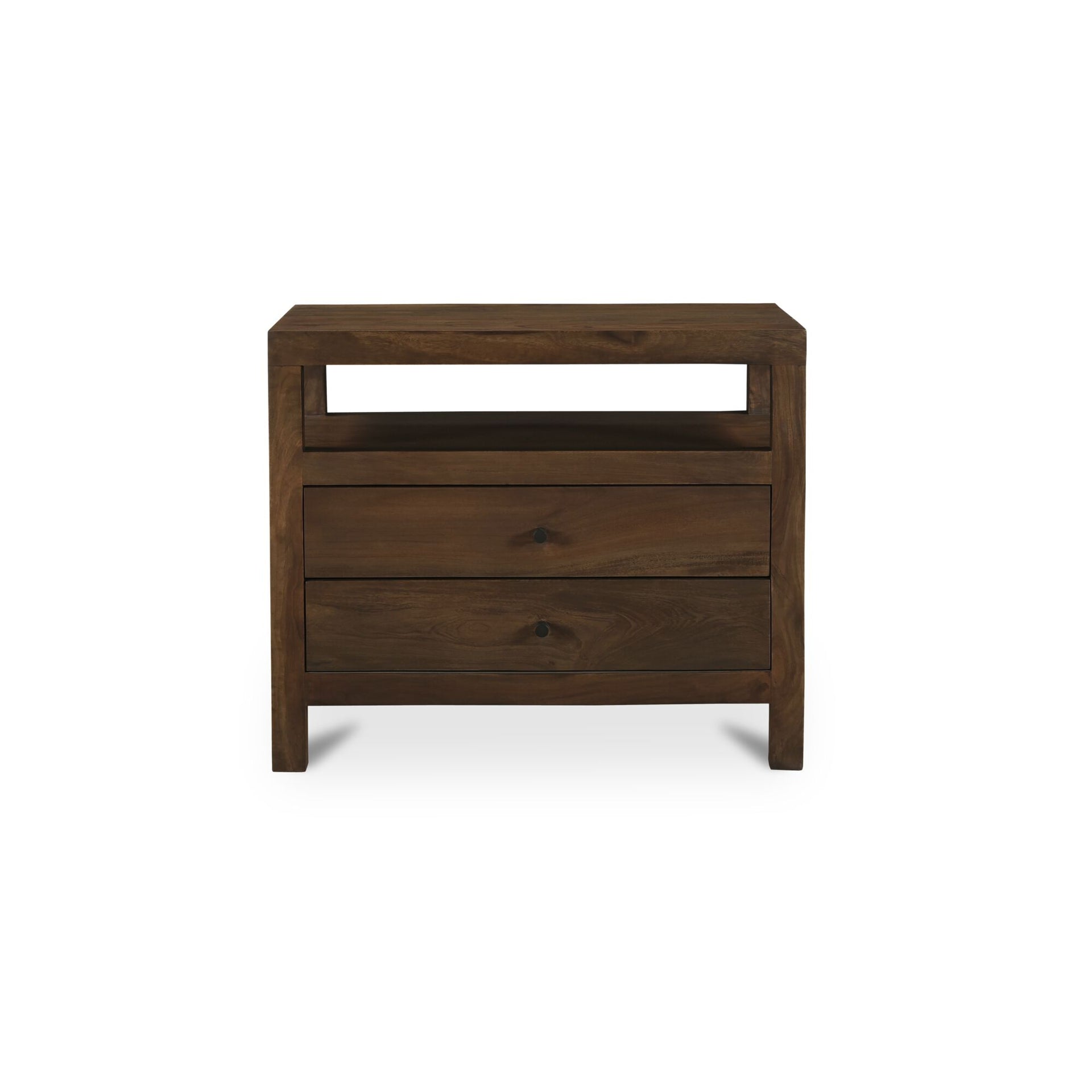 Tindall Nightstand, Neem Wood, Open and Closed Shelving, Two Drawers, Dark Brown
