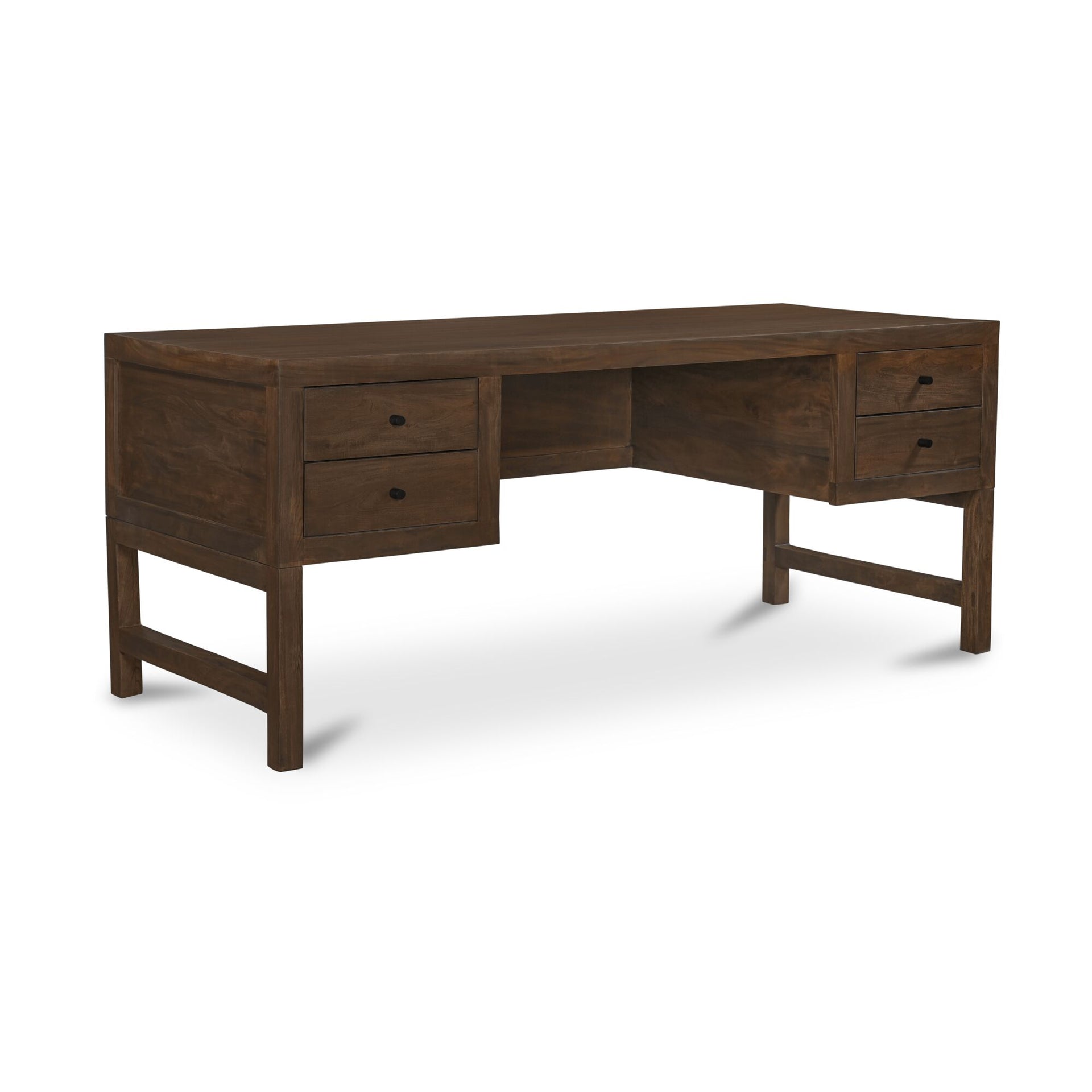 Tindall Desk, Neem Wood, Four Drawers, Open and Closed Shelving, Dark Brown