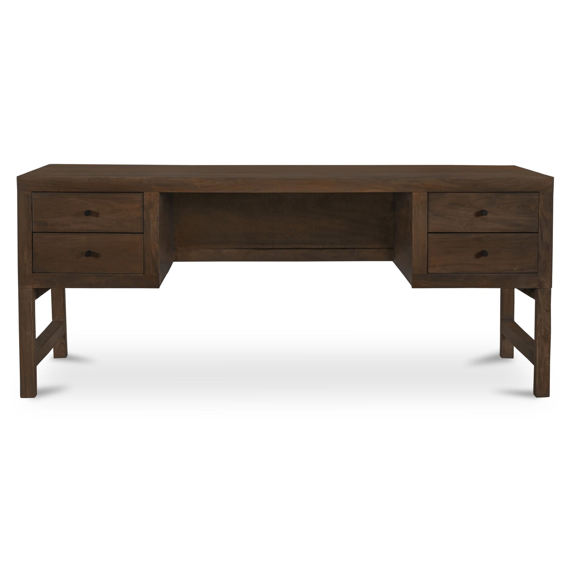 Tindall Desk, Neem Wood, Four Drawers, Open and Closed Shelving, Dark Brown