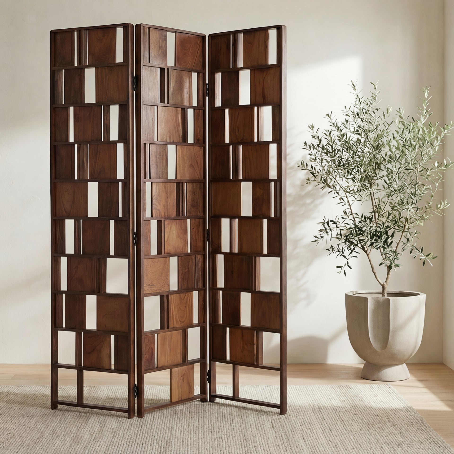 Dashiell, Large Screen with Solid Acacia and Metal Frame, Brown
