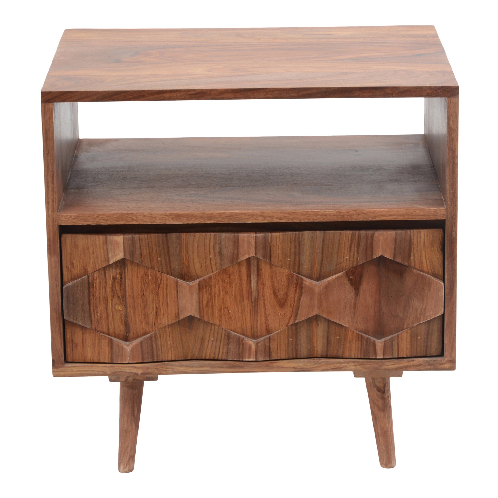 Oxygen Nightstand, Mid-Century Modern, Solid Sheesham Wood, Single Drawer with Intricate Detailing, Slim Tapered Legs, Natural