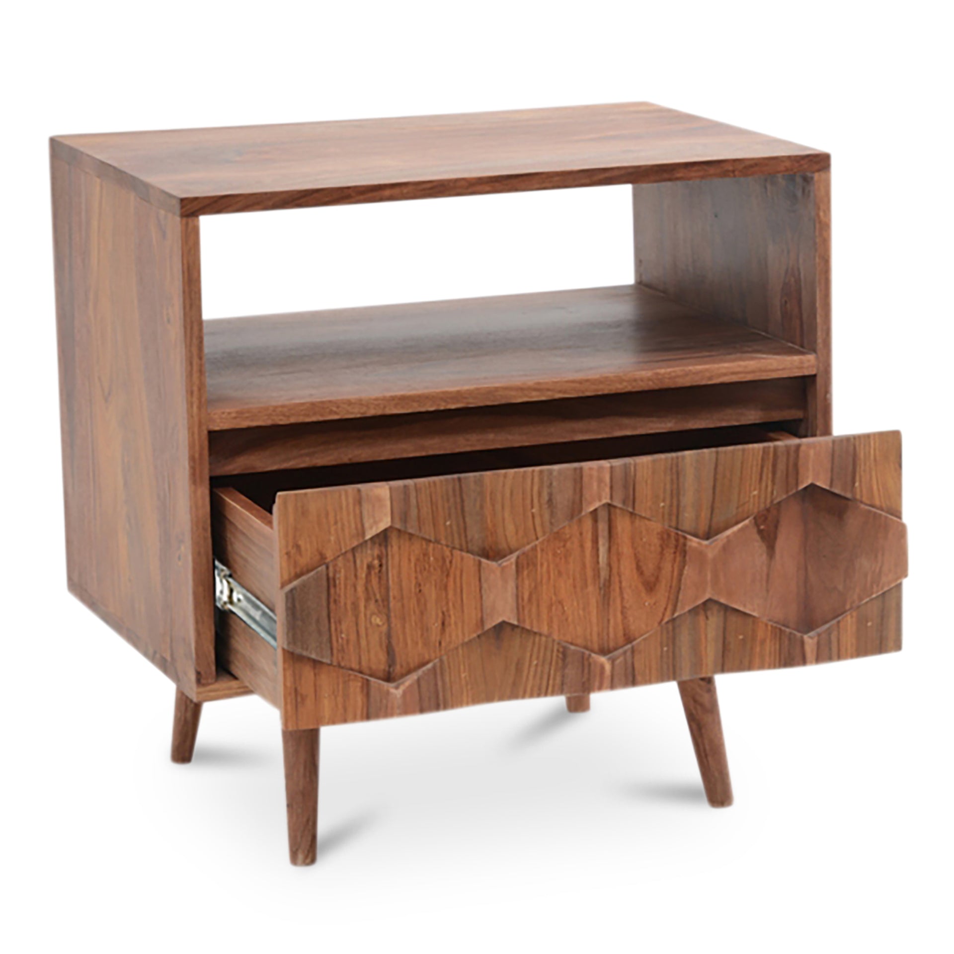 Oxygen Nightstand, Mid-Century Modern, Solid Sheesham Wood, Single Drawer with Intricate Detailing, Slim Tapered Legs, Natural